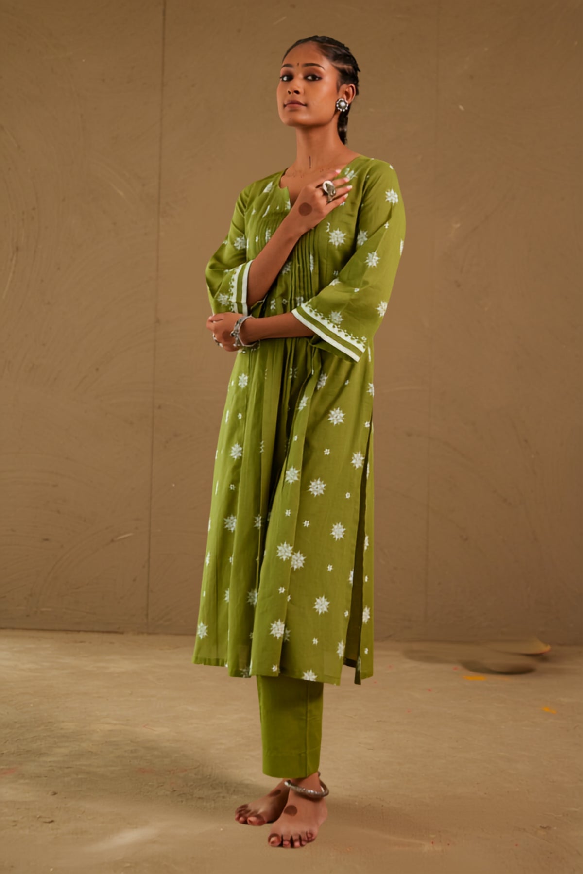 Bhakti Green Mul Cotton Pin Tucks Kurta Only