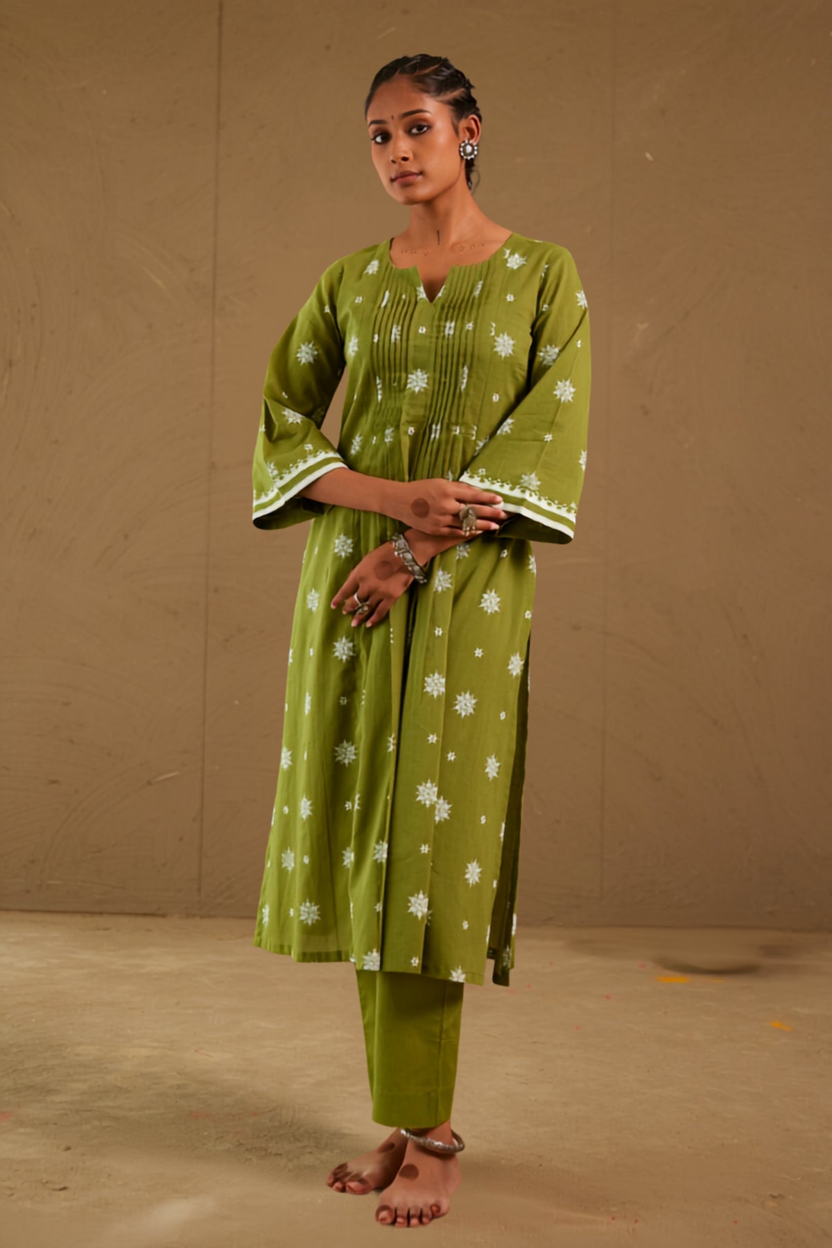 Bhakti Green Mul Cotton Pin Tucks Kurta Only