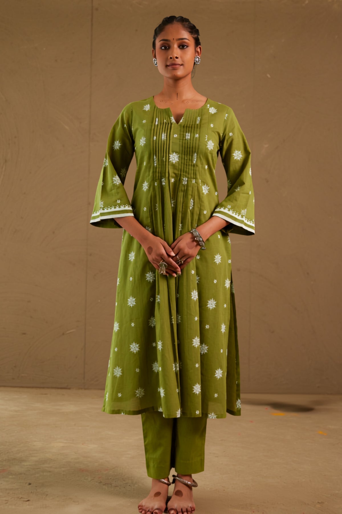 Bhakti Green Mul Cotton Pin Tucks Kurta Only