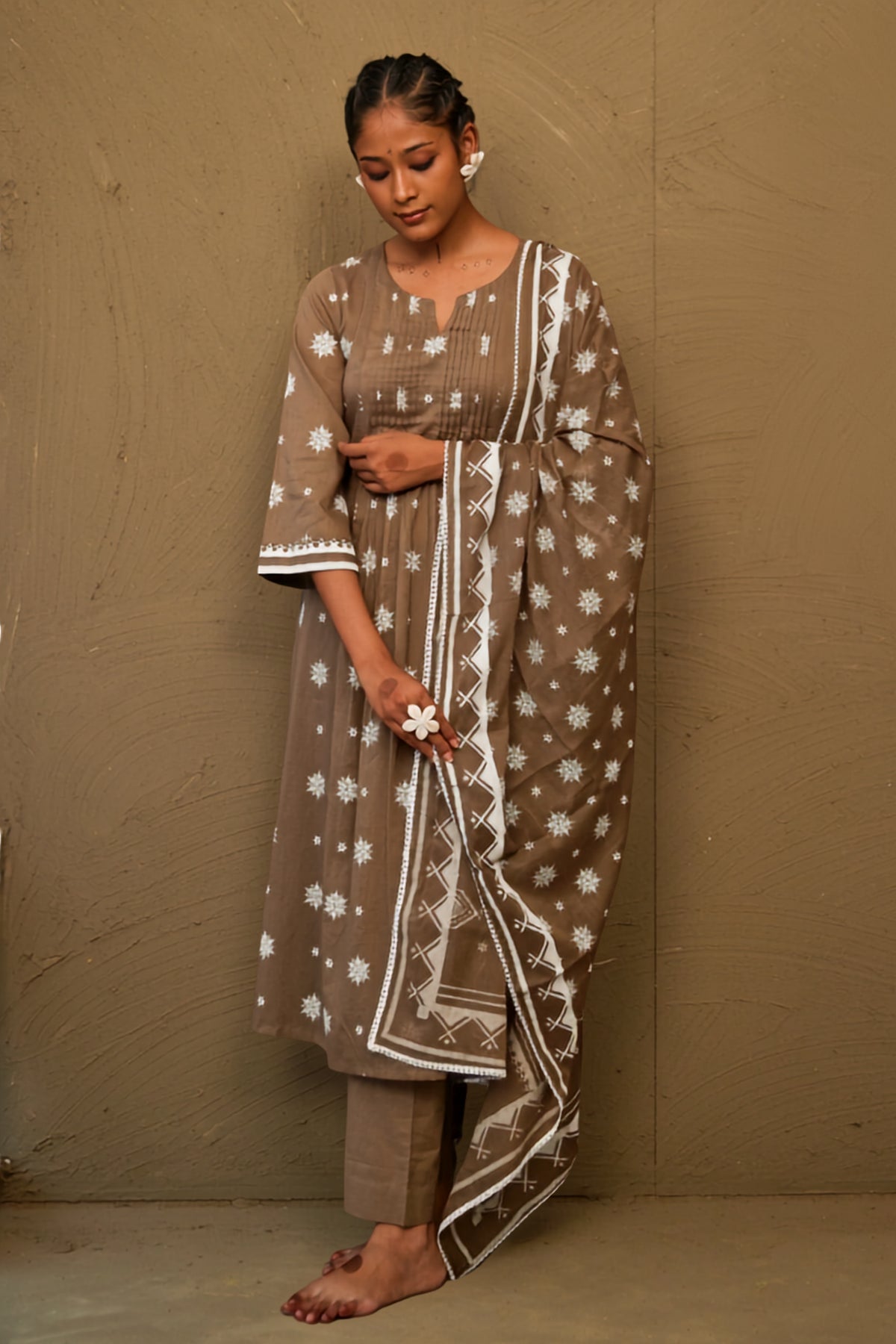 Gerua Brown Mul Cotton Pin Tucks Kurta Set