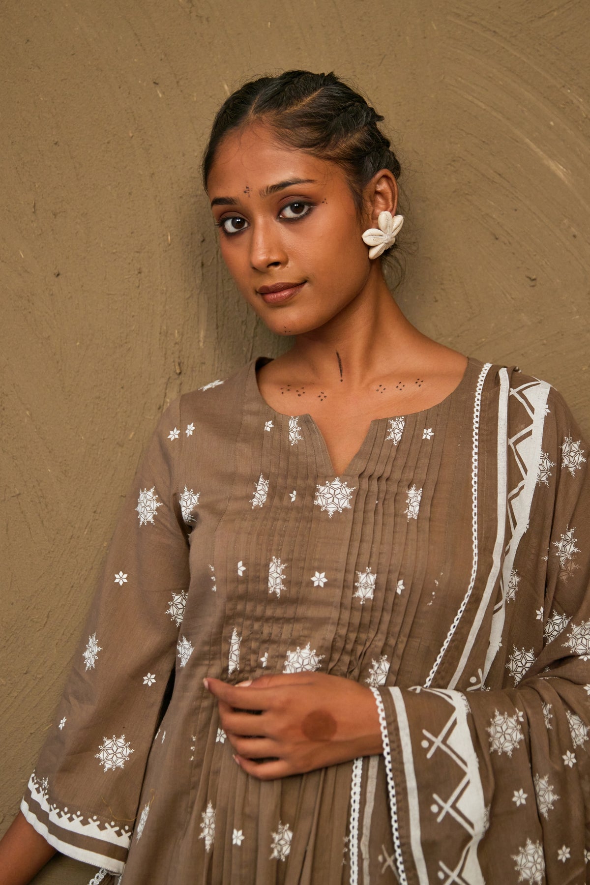 Gerua Brown Mul Cotton Pin Tucks Kurta Set