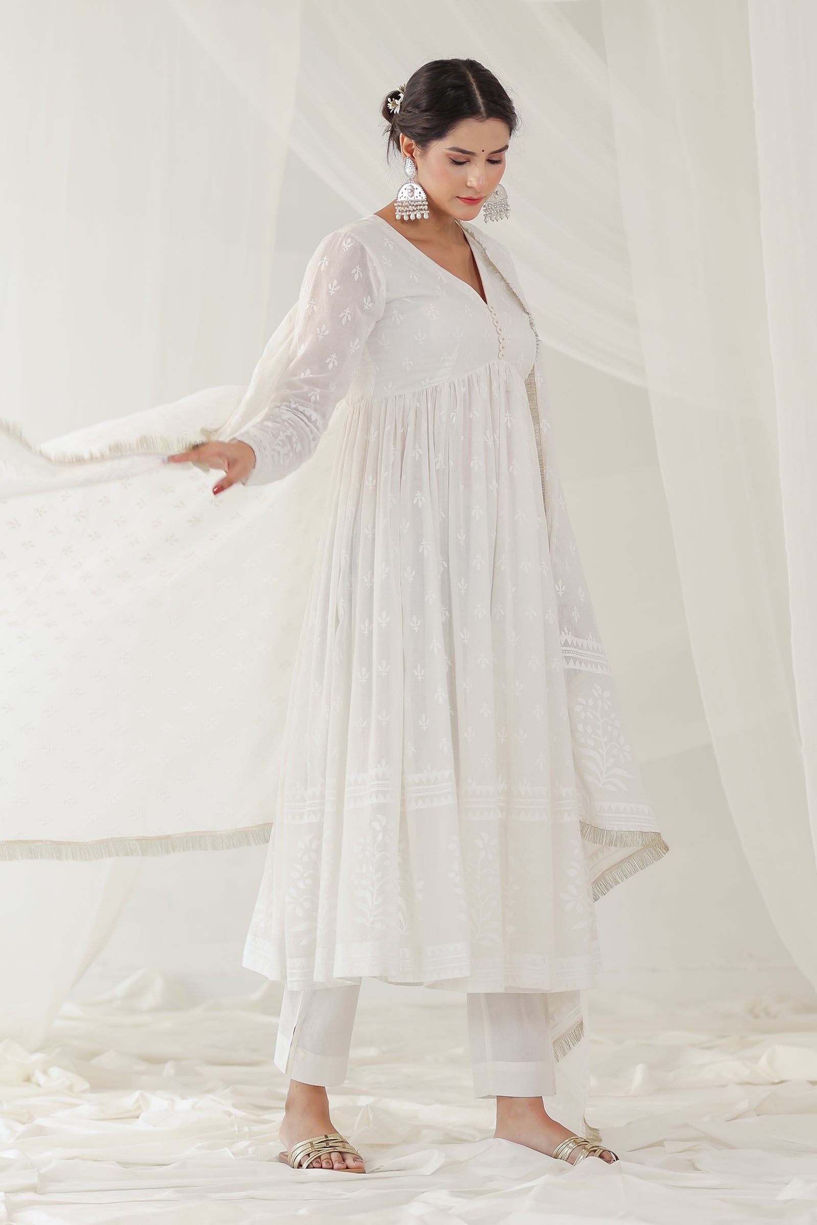 Khwabeeda All White Full Sleeves Anarkali Set (RTS)