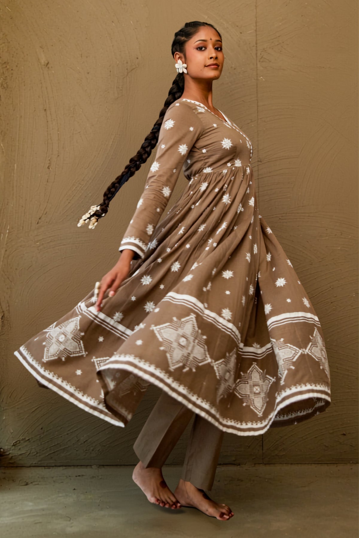 Janki Brown Mul Cotton V Neck Anarkali Set