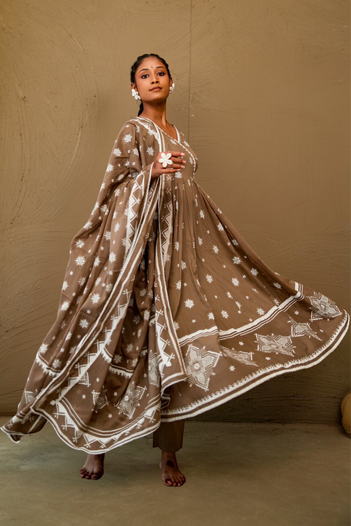 Janki Brown Mul Cotton V Neck Anarkali Set