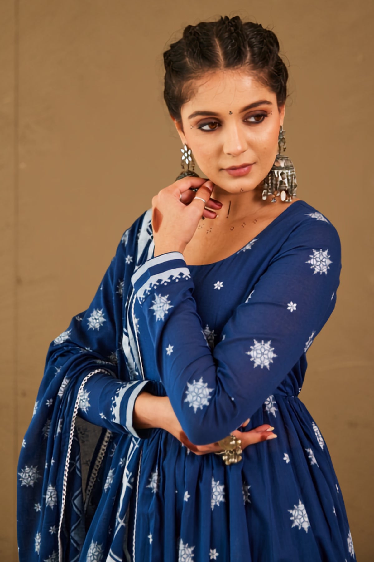 Abira Blue Mul Cotton Round Neck Anarkali Set