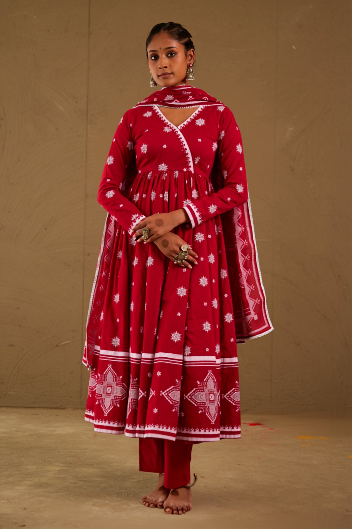 Roli Red Mul Cotton V Neck Anarkali Set