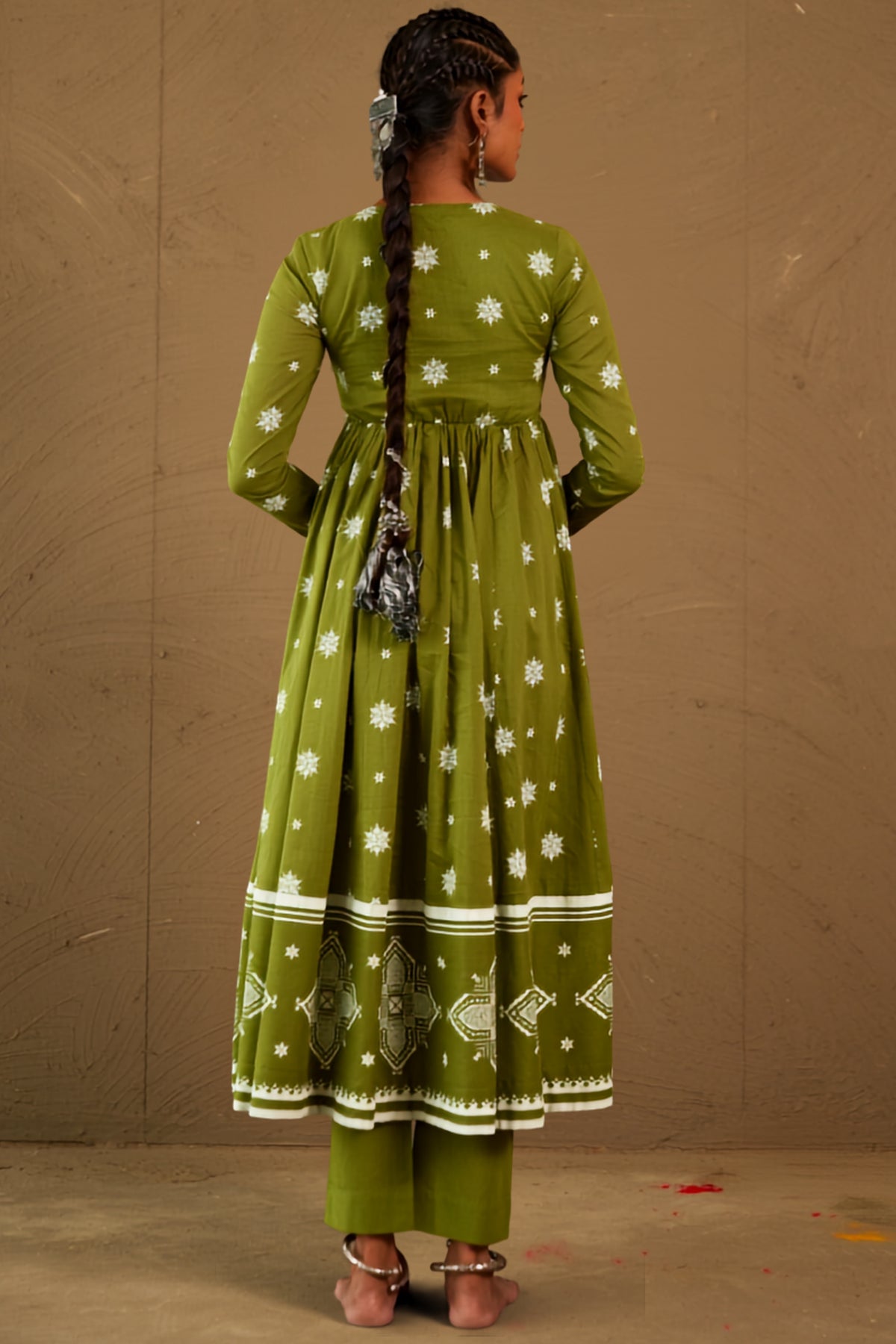Mehendi Green Mul Cotton Round Neck Anarkali Set