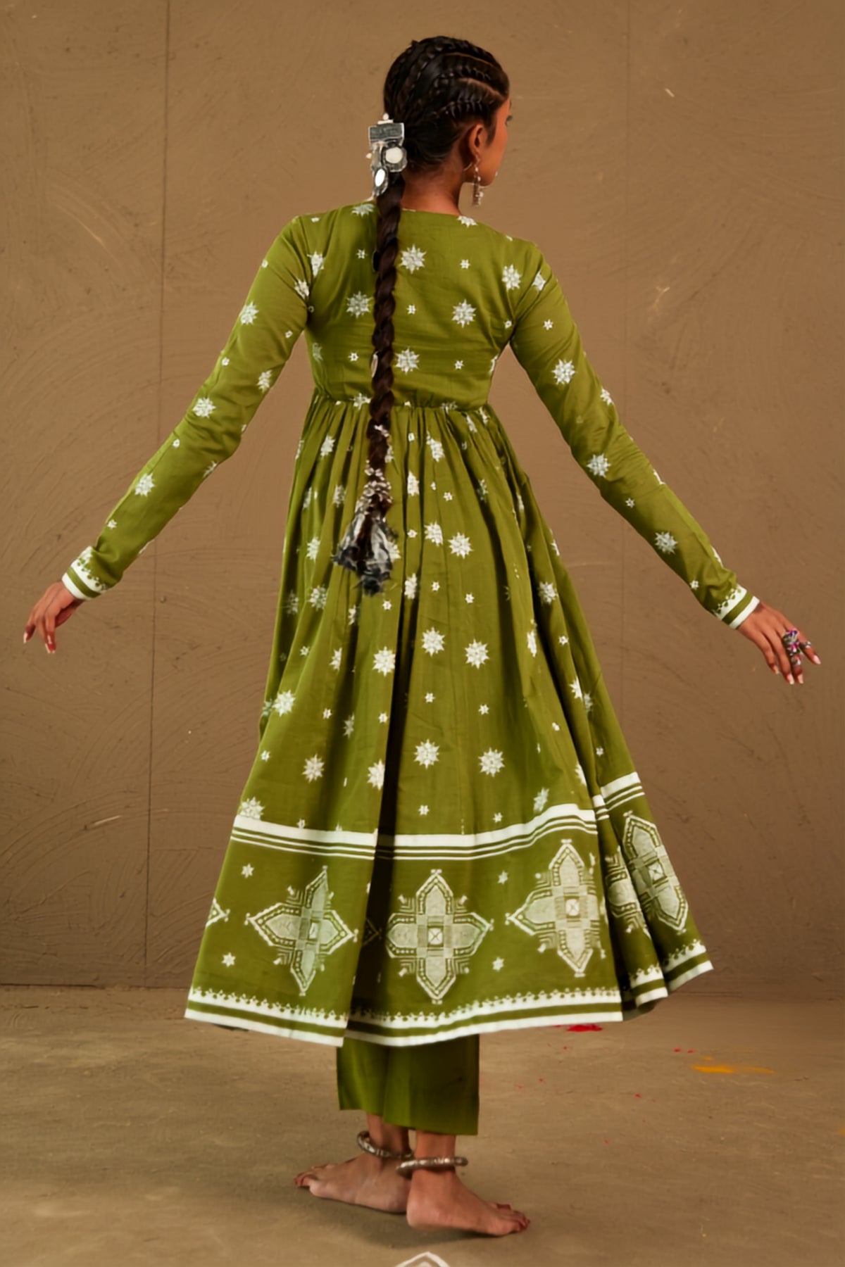 Mehendi Green Mul Cotton Round Neck Anarkali Set