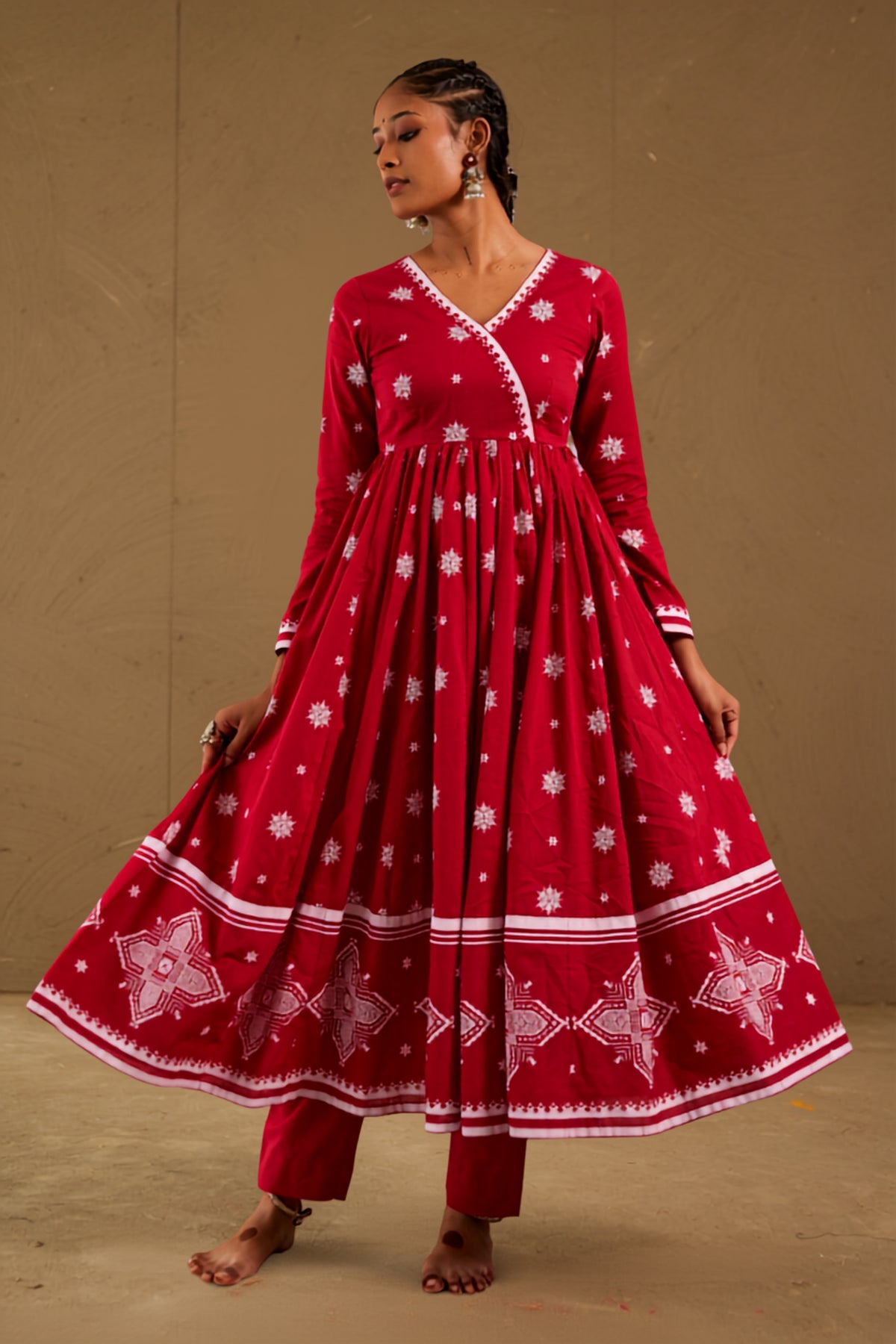 Roli Red Mul Cotton V Neck Anarkali Set