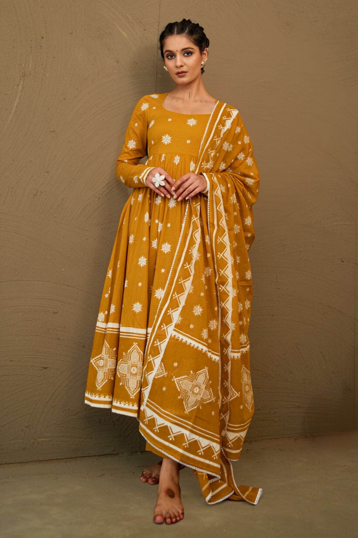 Amba Ochre Mul Cotton Round Neck Anarkali Set