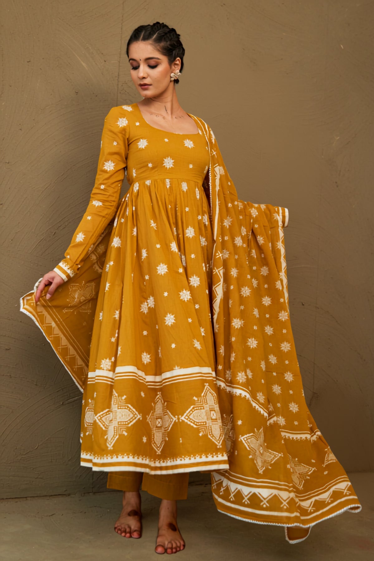 Amba Ochre Mul Cotton Round Neck Anarkali Set