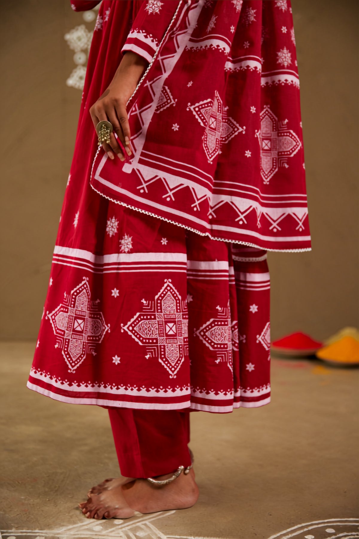 Roli Red Mul Cotton V Neck Anarkali Set