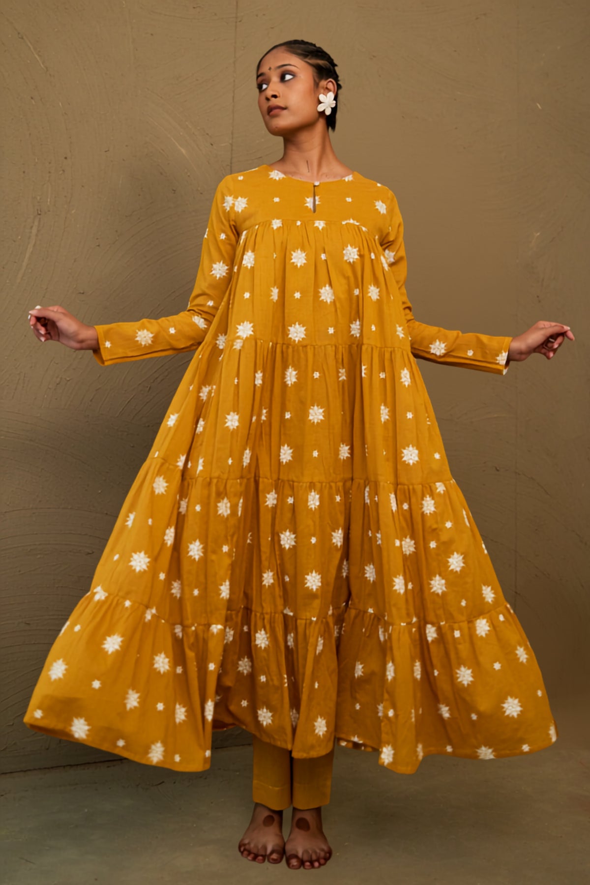 Chandan Ochre Mul Cotton Teired Anarkali Set