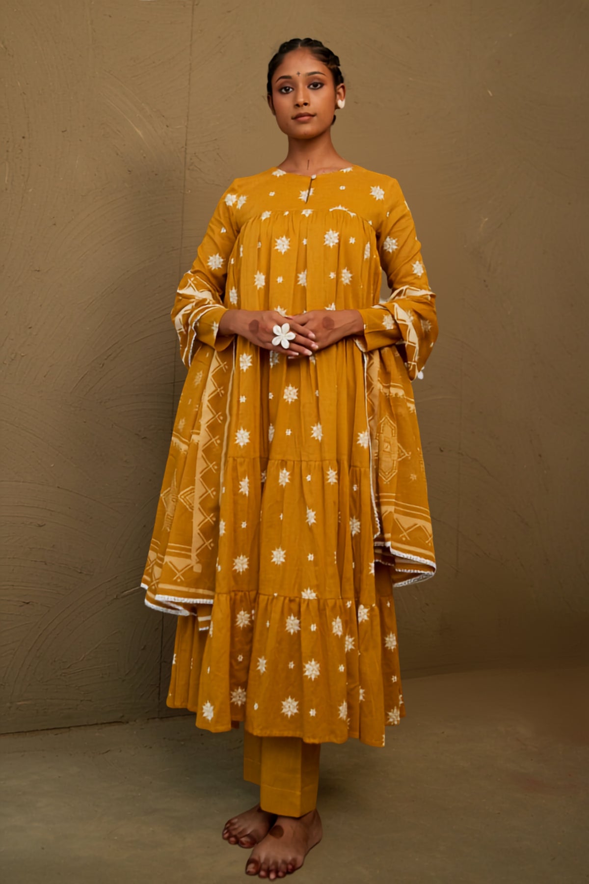 Chandan Ochre Mul Cotton Teired Anarkali Set
