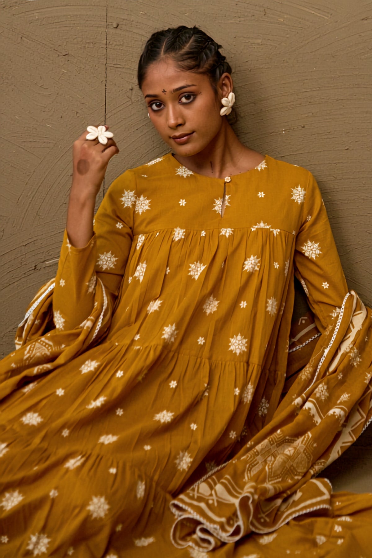 Chandan Ochre Mul Cotton Teired Anarkali Set