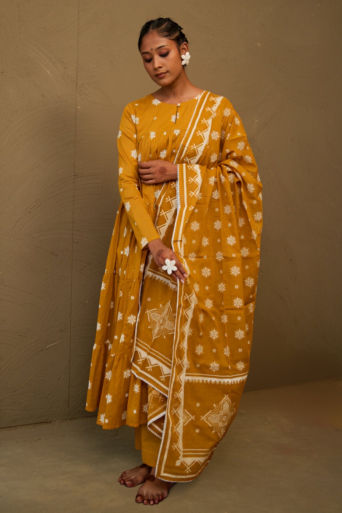 Chandan Ochre Mul Cotton Teired Anarkali Set