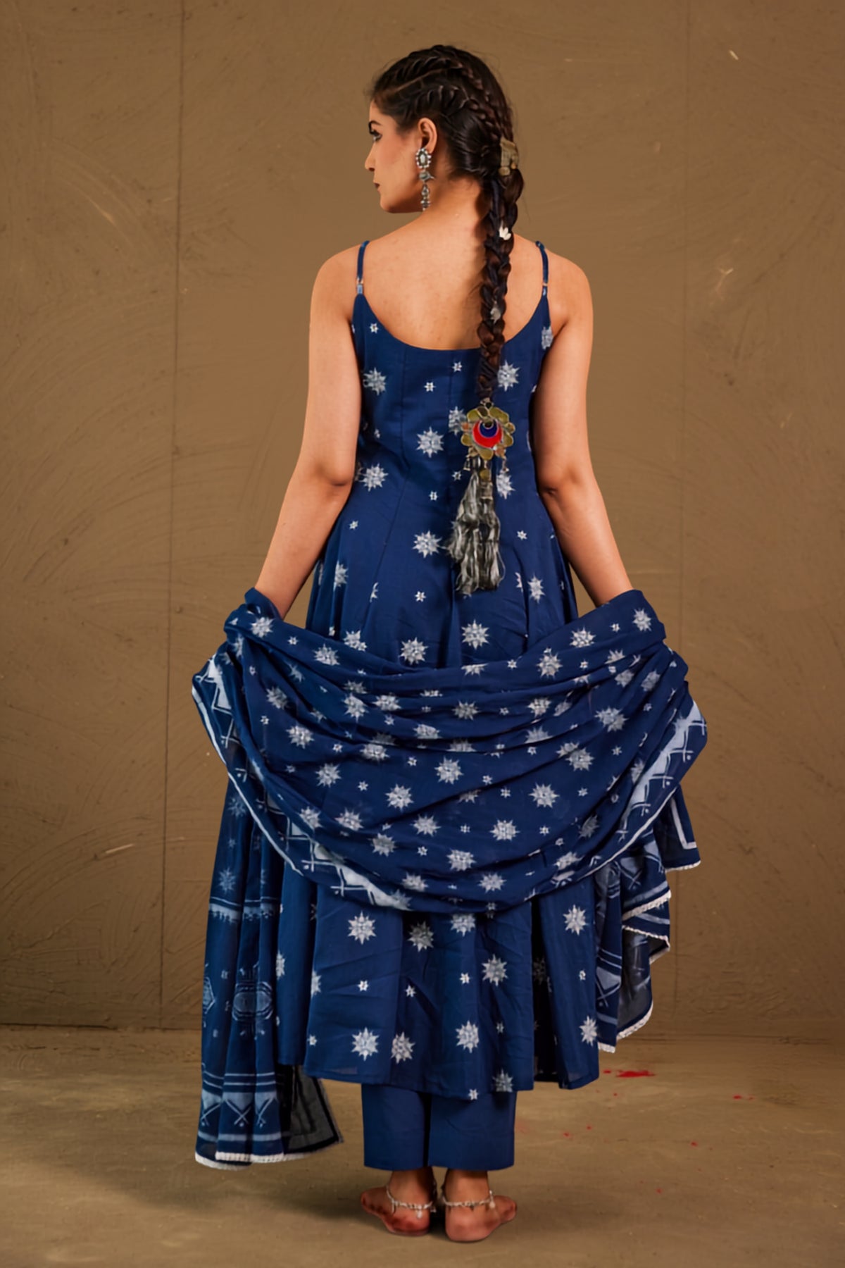 Anika Blue Mul Cotton Adjustable Strap Anarkali Set