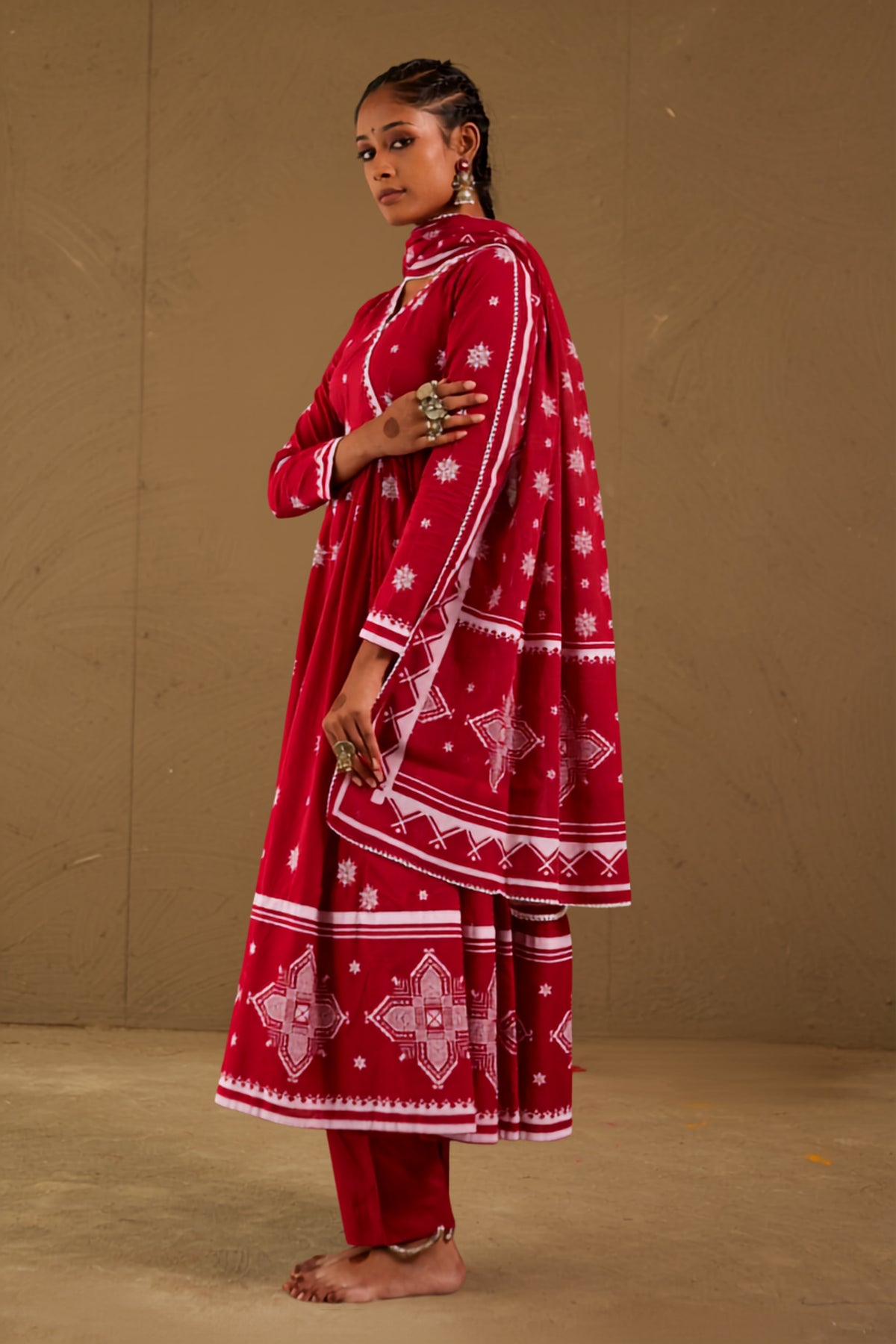 Roli Red Mul Cotton V Neck Anarkali Set
