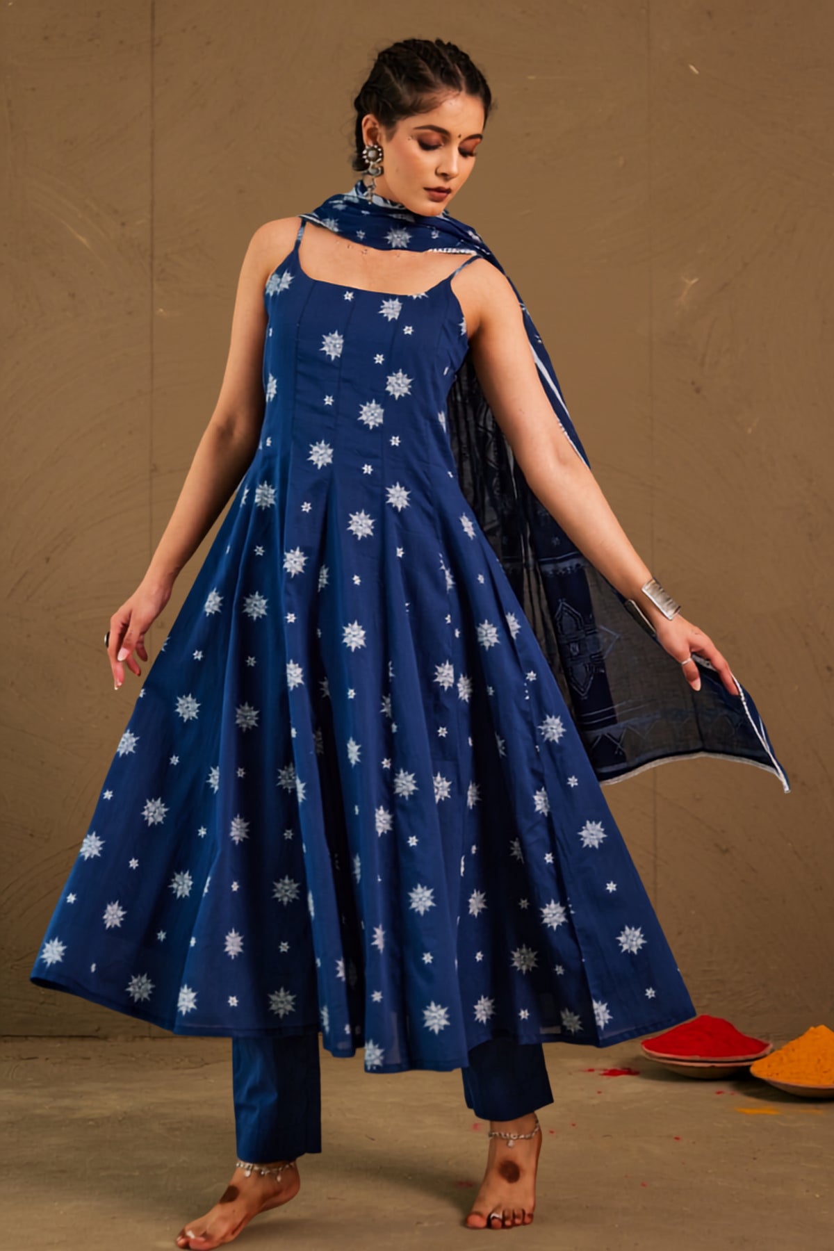 Anika Blue Mul Cotton Adjustable Strap Anarkali Set