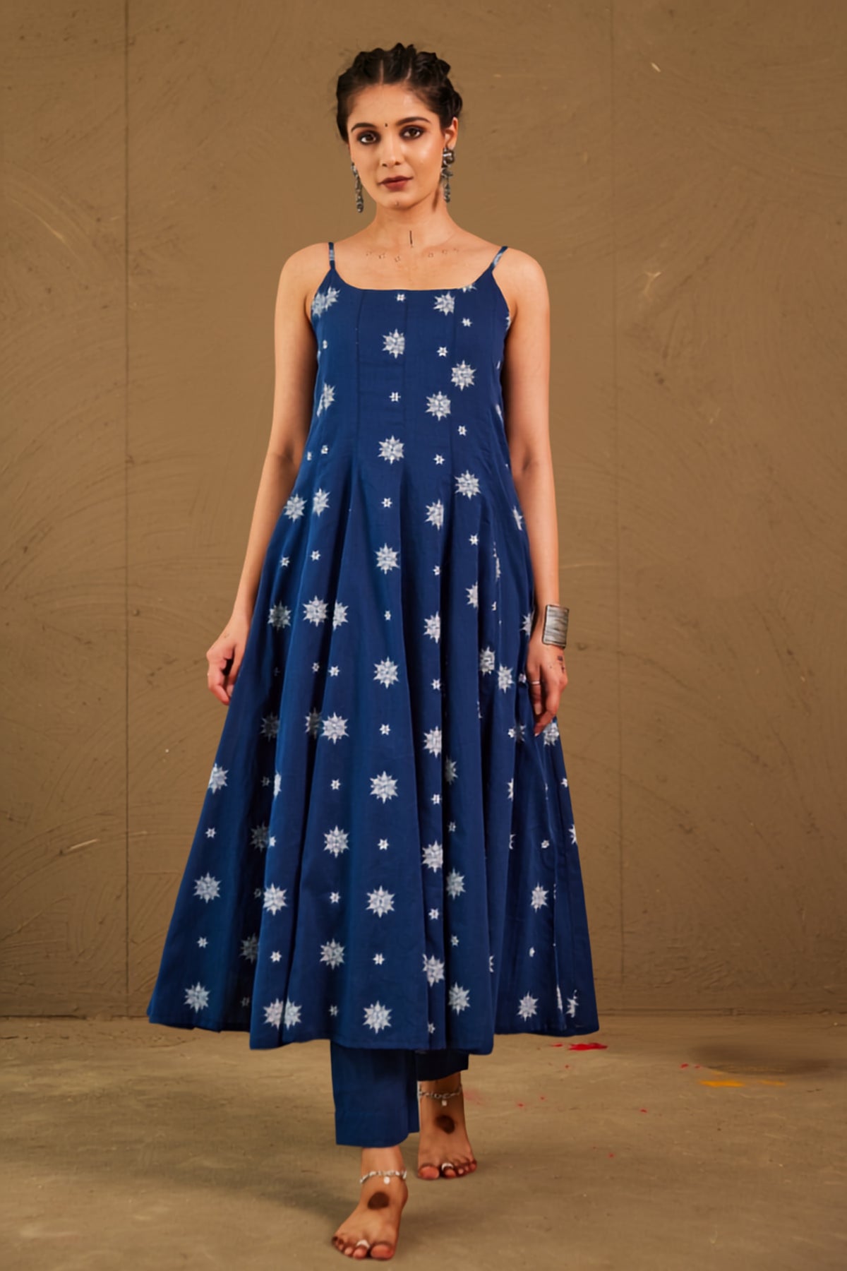 Anika Blue Mul Cotton Adjustable Strap Anarkali Set