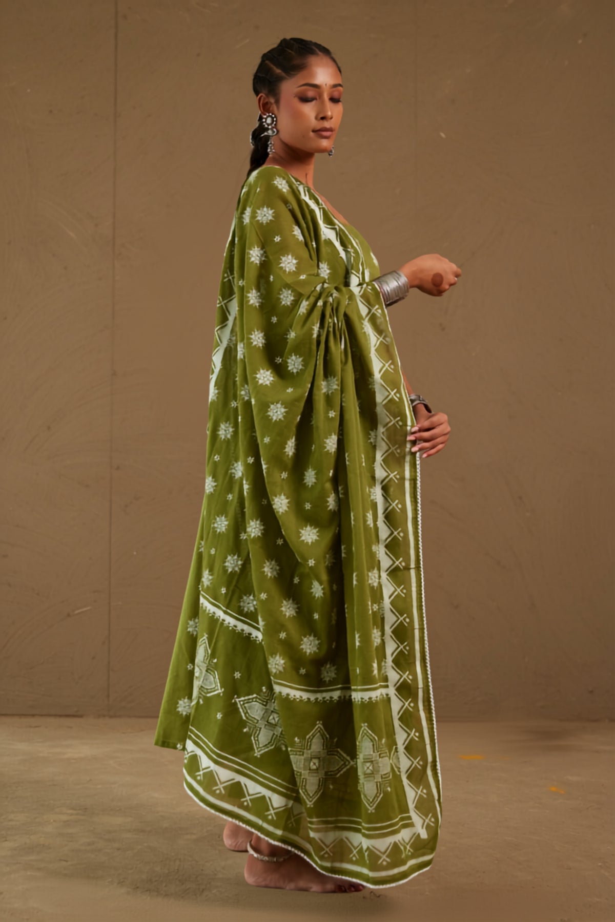 Henna Green Mul Cotton Adjustable Strap Anarkali Set