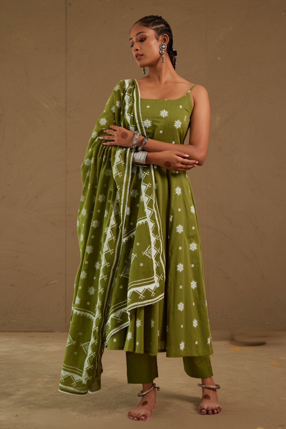 Henna Green Mul Cotton Adjustable Strap Anarkali Set