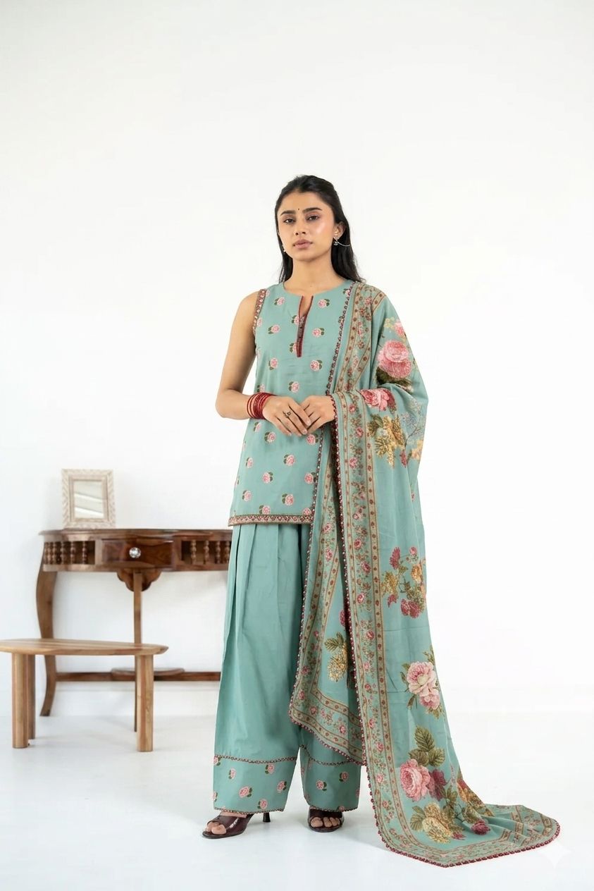 SAGE GREEN ROOH KURTA WITH FARSI SALWAR SET OF 3