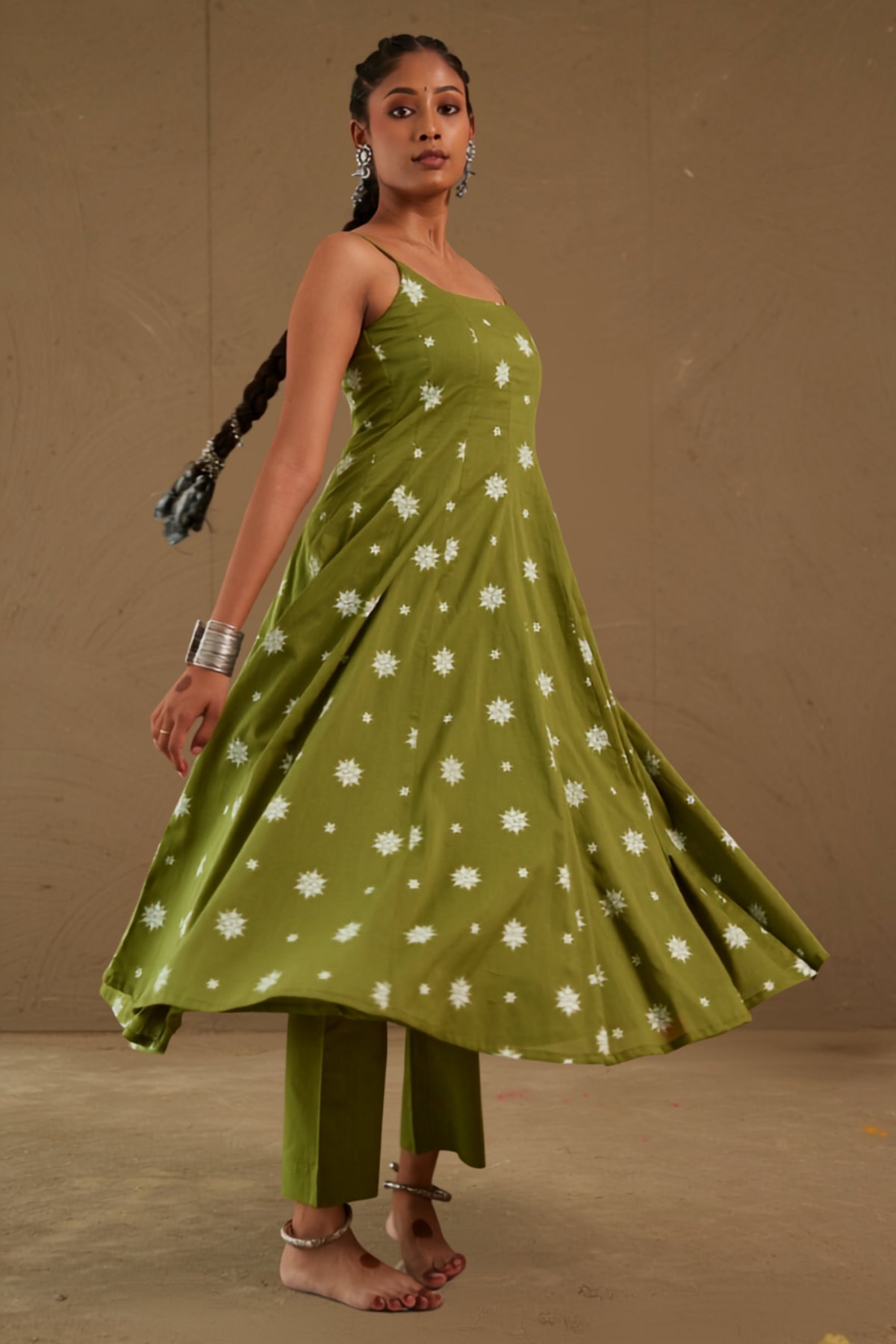 Henna Green Mul Cotton Adjustable Strap Anarkali Set