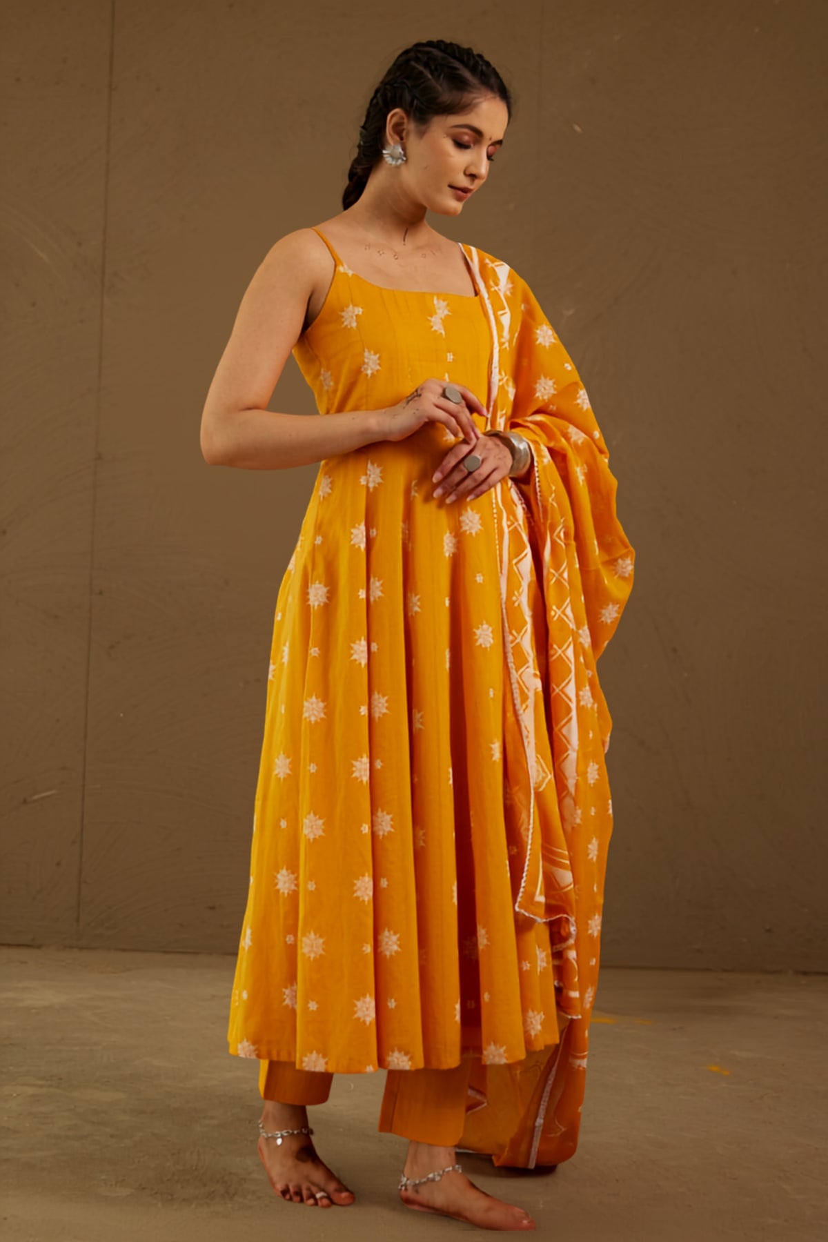 Kesar Orange Mul Cotton Adjustable Strap Anarkali Set