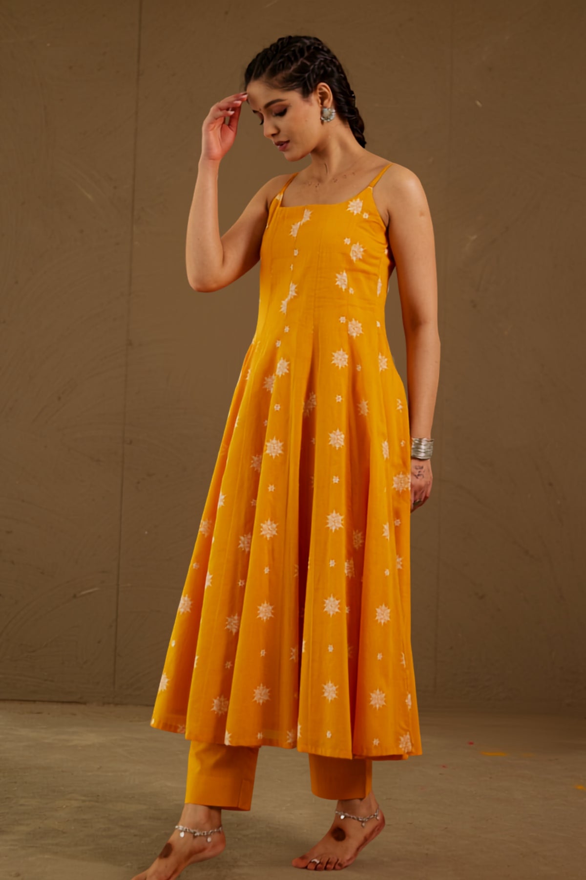 Kesar Orange Mul Cotton Adjustable Strap Anarkali Set