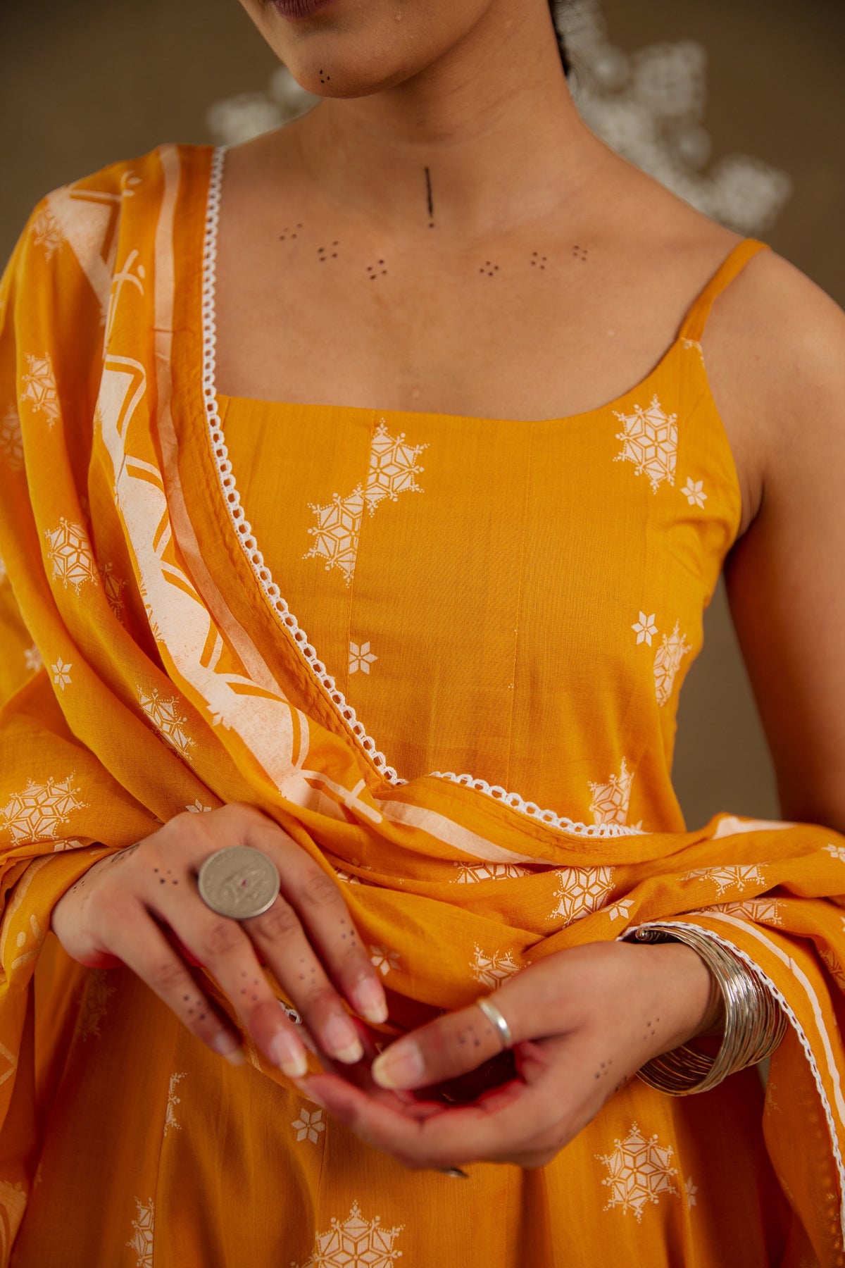 Kesar Orange Mul Cotton Adjustable Strap Anarkali Set