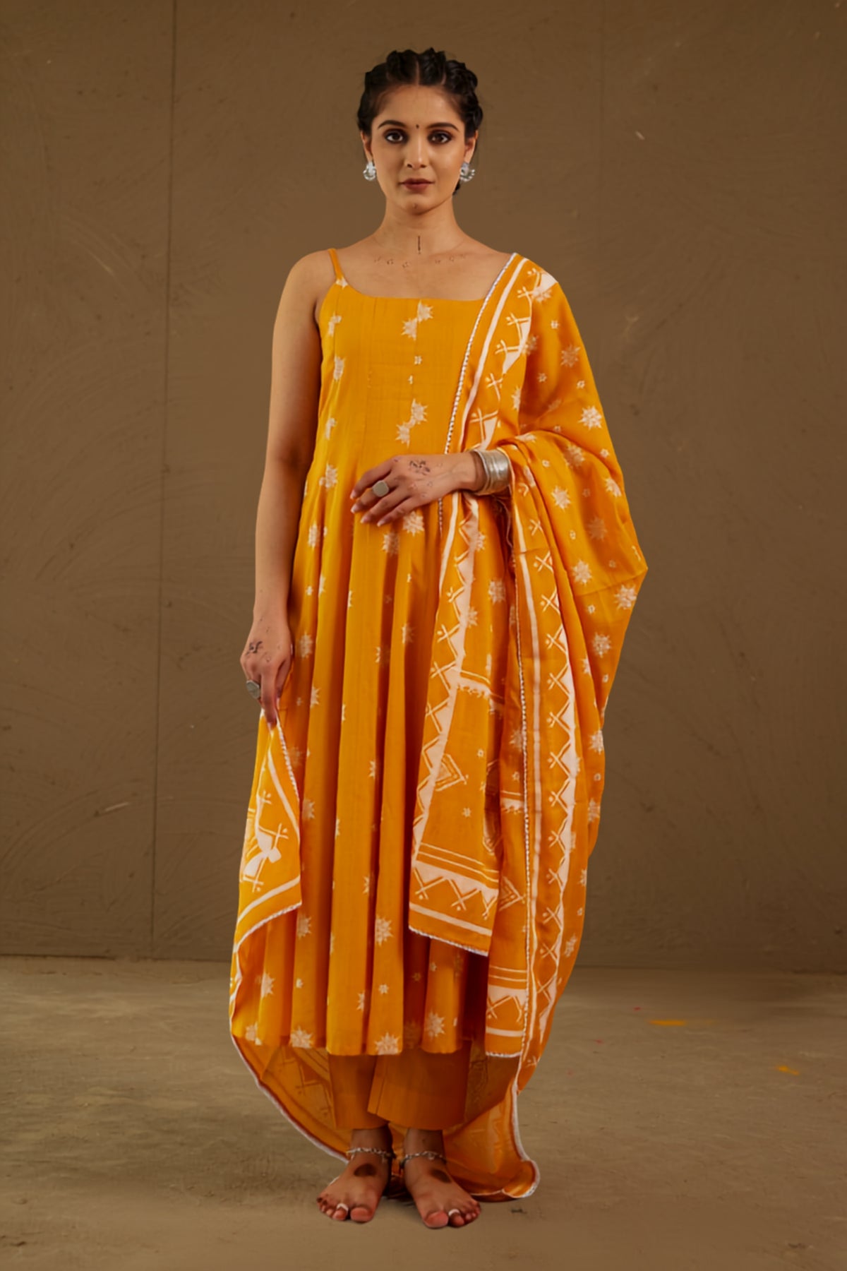Kesar Orange Mul Cotton Adjustable Strap Anarkali Set