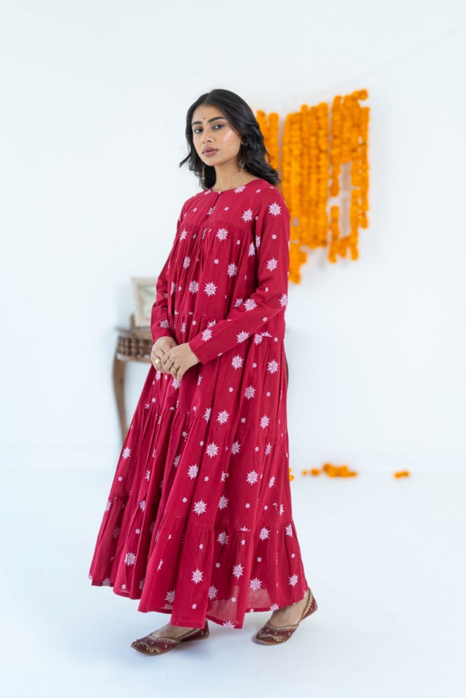 Kumkum Red Mul Cotton Tiered Anarkali Set - RTS