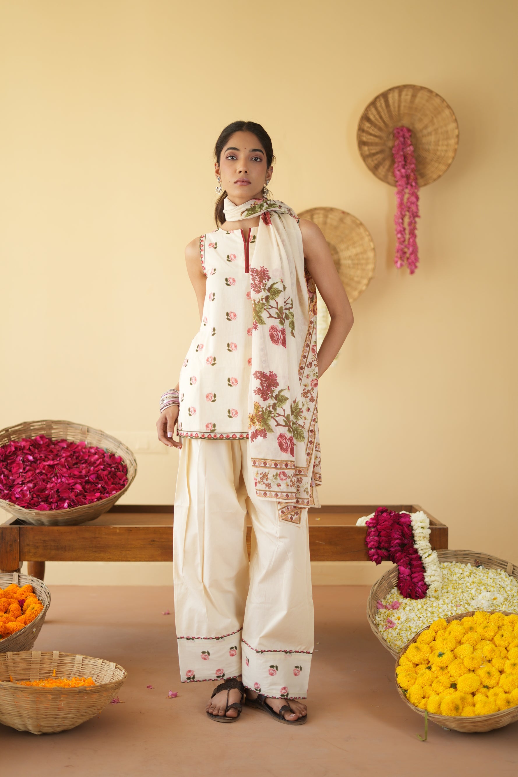 OFF WHITE ROOH KURTA WITH FARSI SALWAR SET OF 3