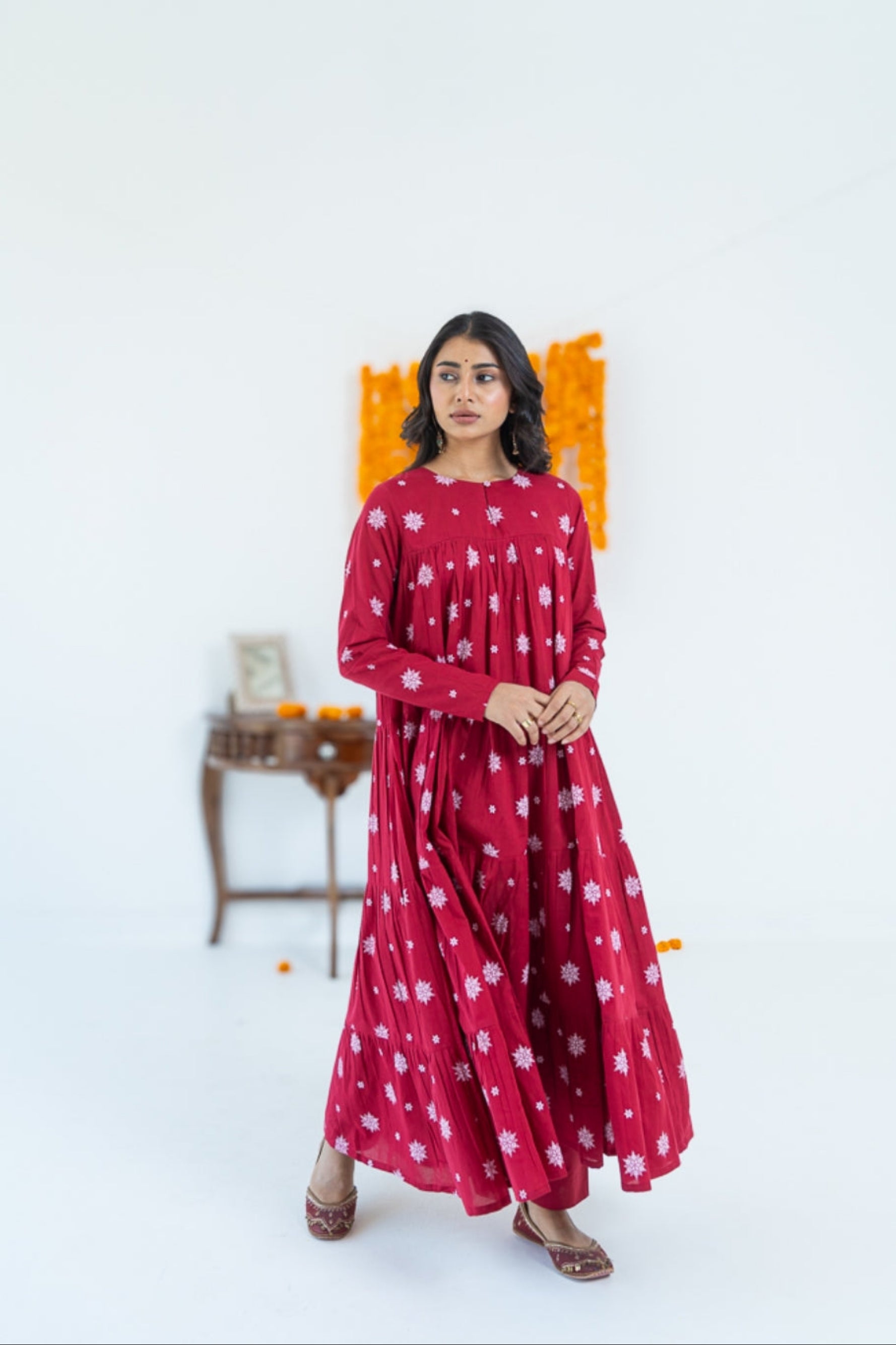 Kumkum Red Mul Cotton Tiered Anarkali Set (RTS)