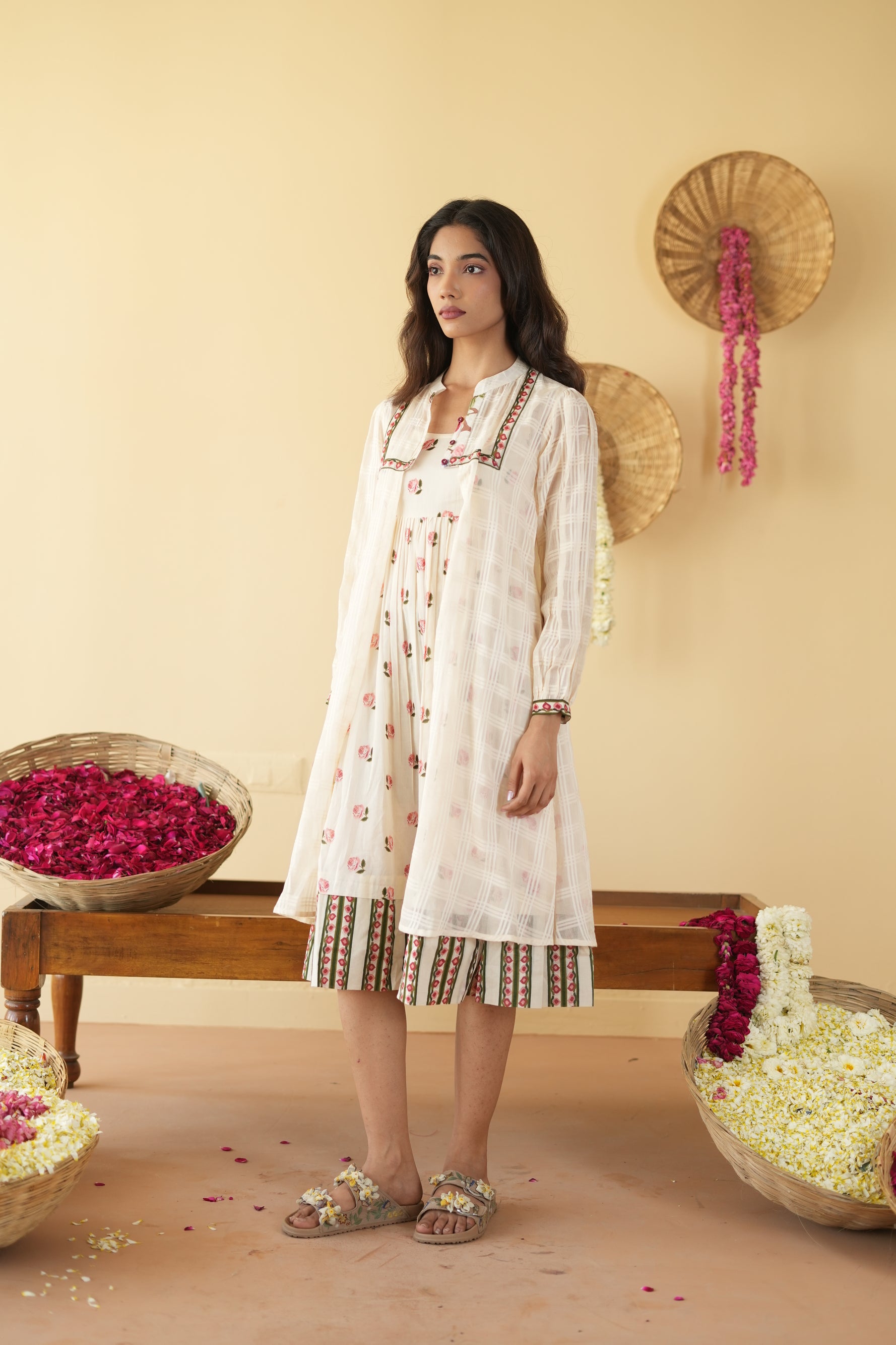 OFF WHITE PANKHUDI DRESS WITH JACKET SET OF 2