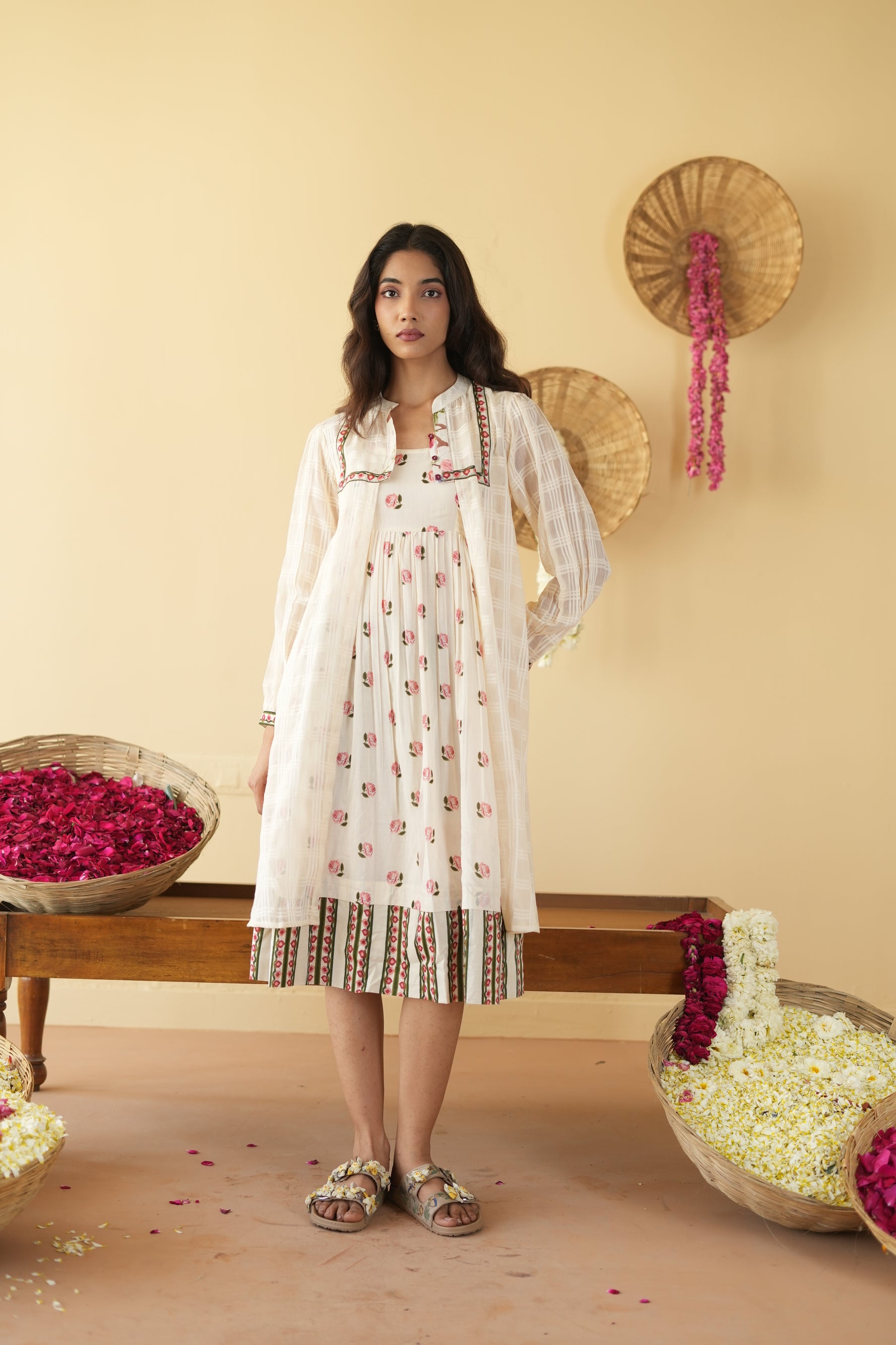 OFF WHITE PANKHUDI DRESS WITH JACKET SET OF 2