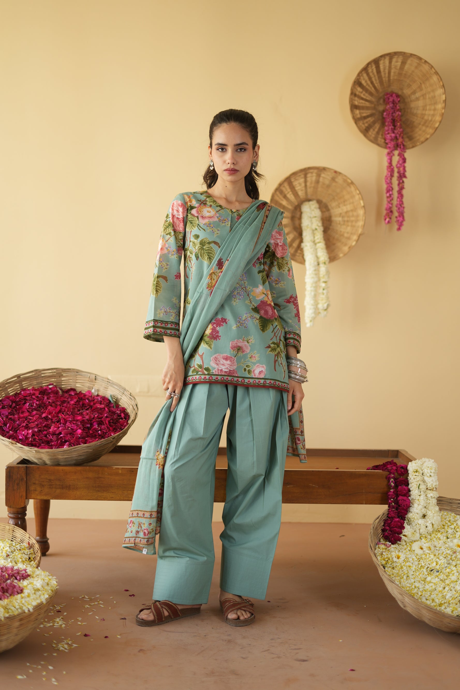 SAGE GREEN NEHER KURTA WITH FARSI SALWAR SET OF 2