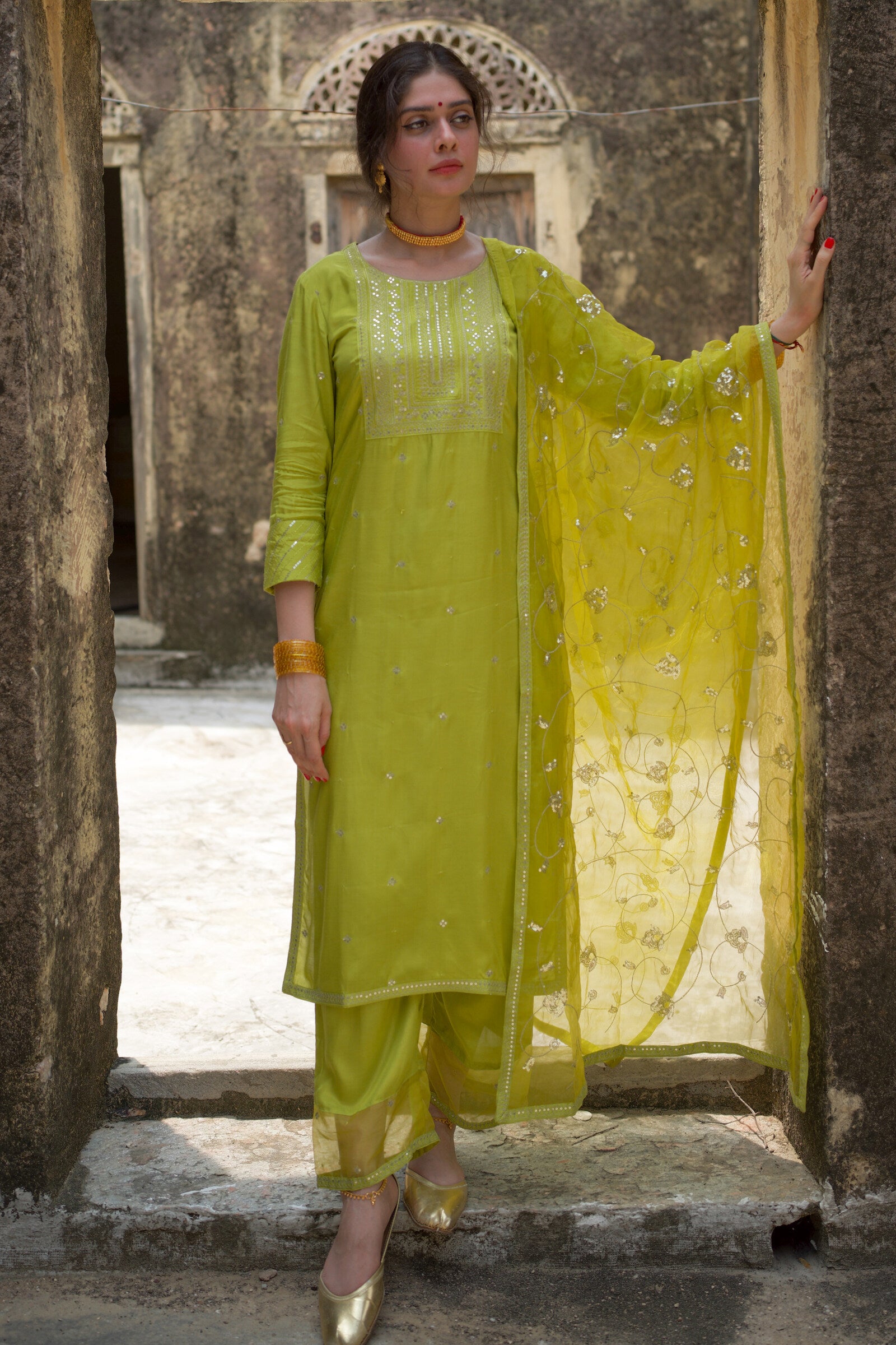 Aaina Light Green Festive Embroidered Kurta Set