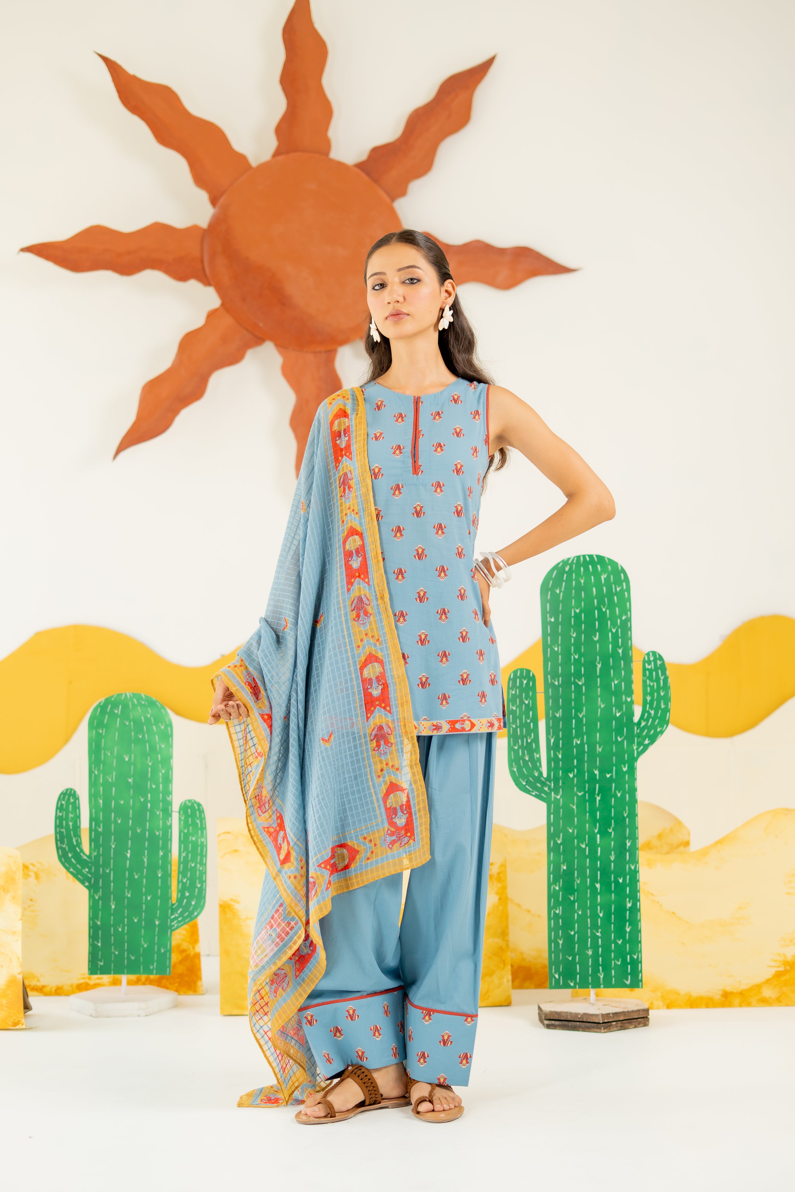 HERITAGE BLUE KAIRA KURTA AND FARSI SALWAR SET OF 3