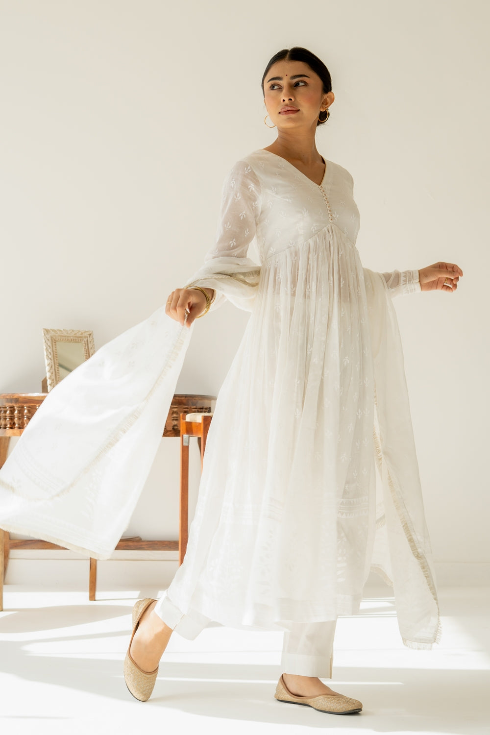 Khwabeeda All White Full Sleeves Anarkali Set (RTS)