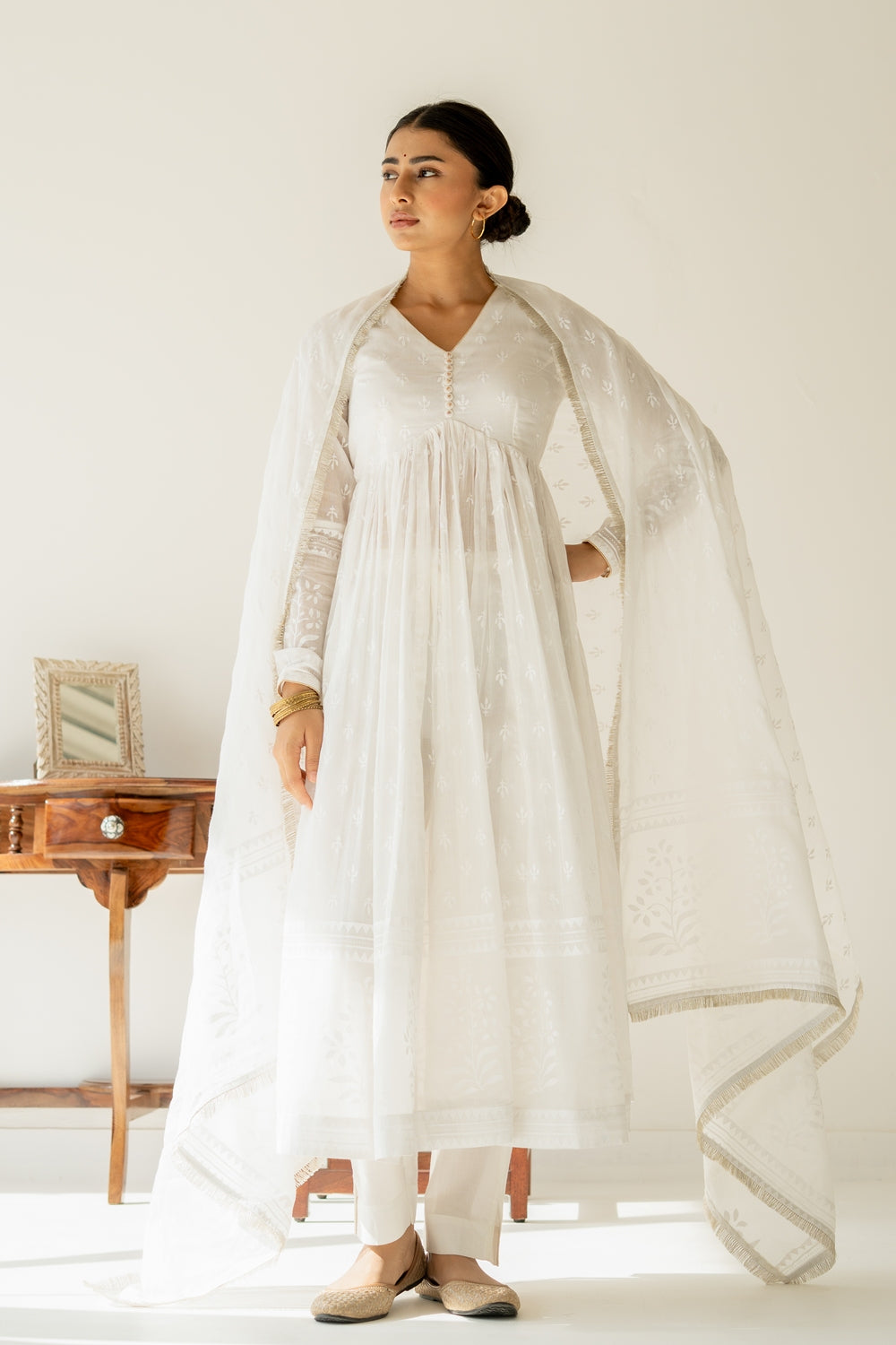 Khwabeeda All White Full Sleeves Anarkali Set (RTS)