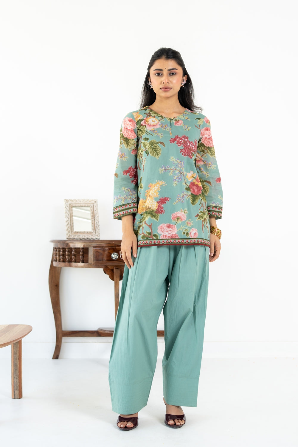 SAGE GREEN NEHER KURTA WITH FARSI SALWAR SET OF 3