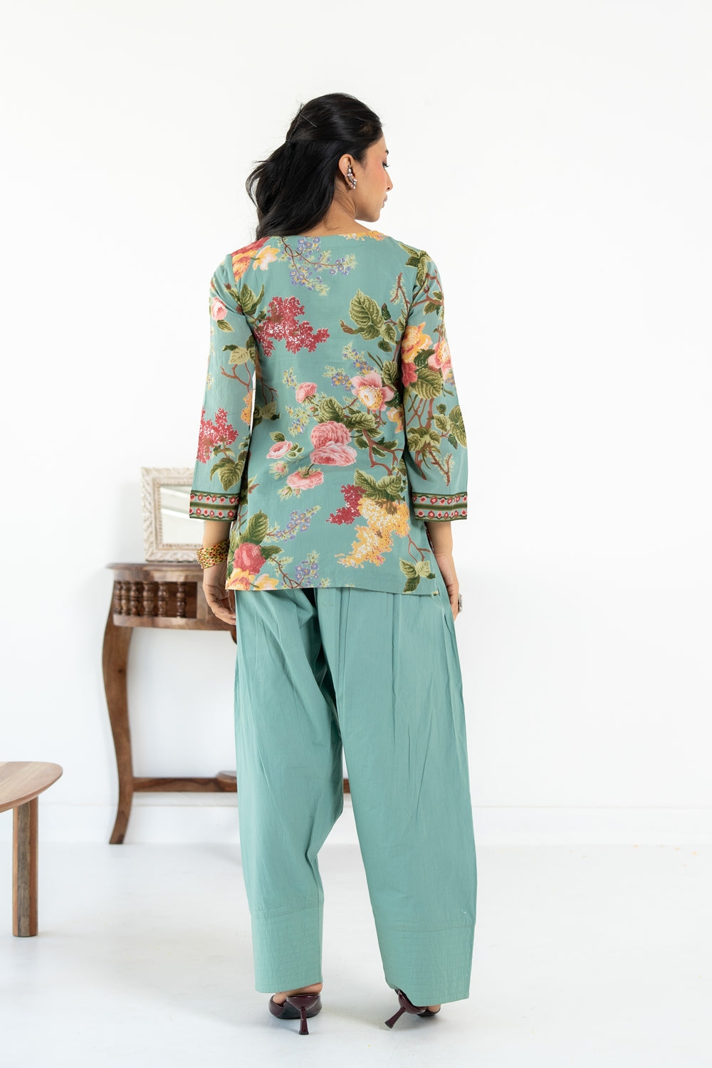 SAGE GREEN NEHER KURTA WITH FARSI SALWAR SET OF 3