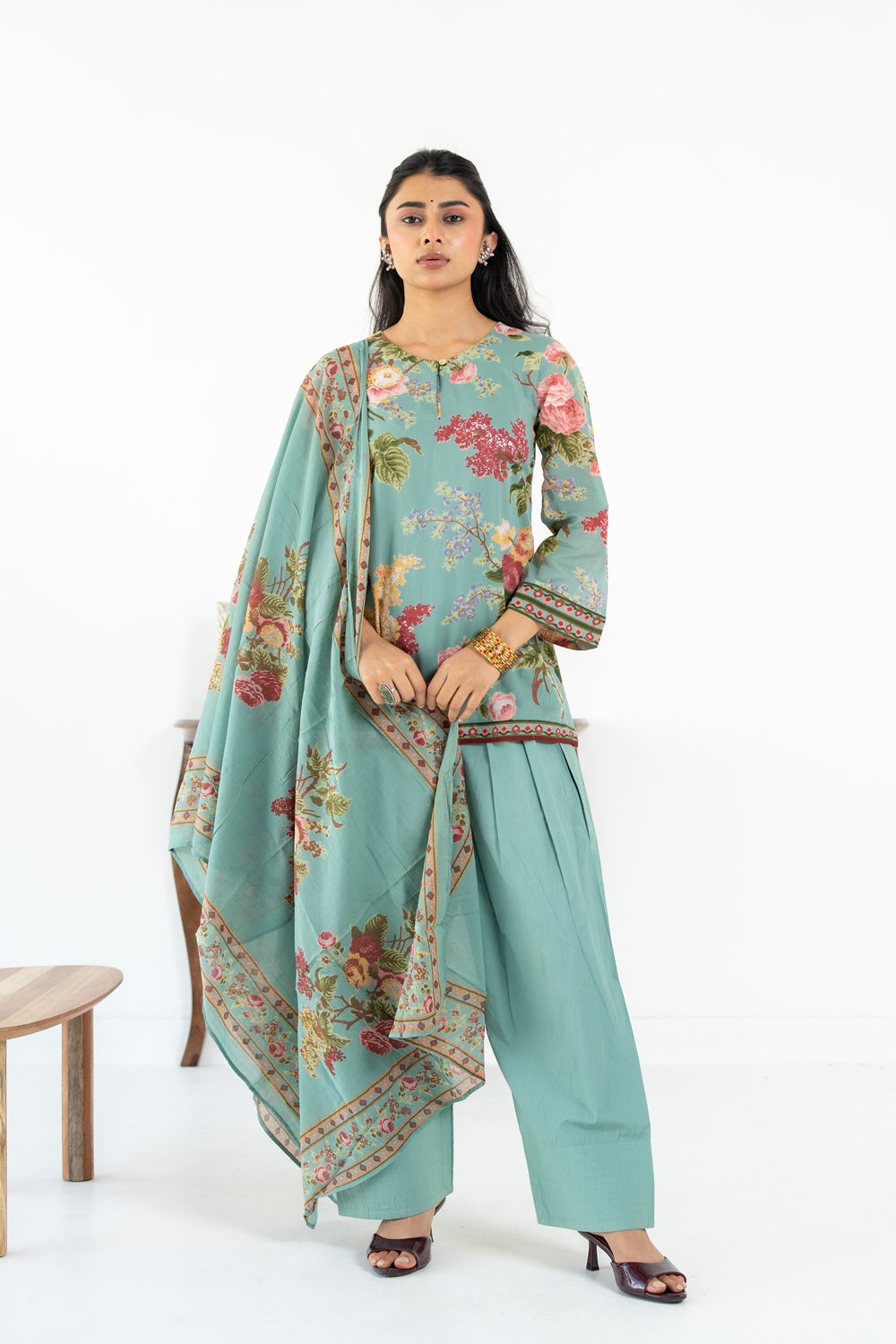 SAGE GREEN NEHER KURTA WITH FARSI SALWAR SET OF 3