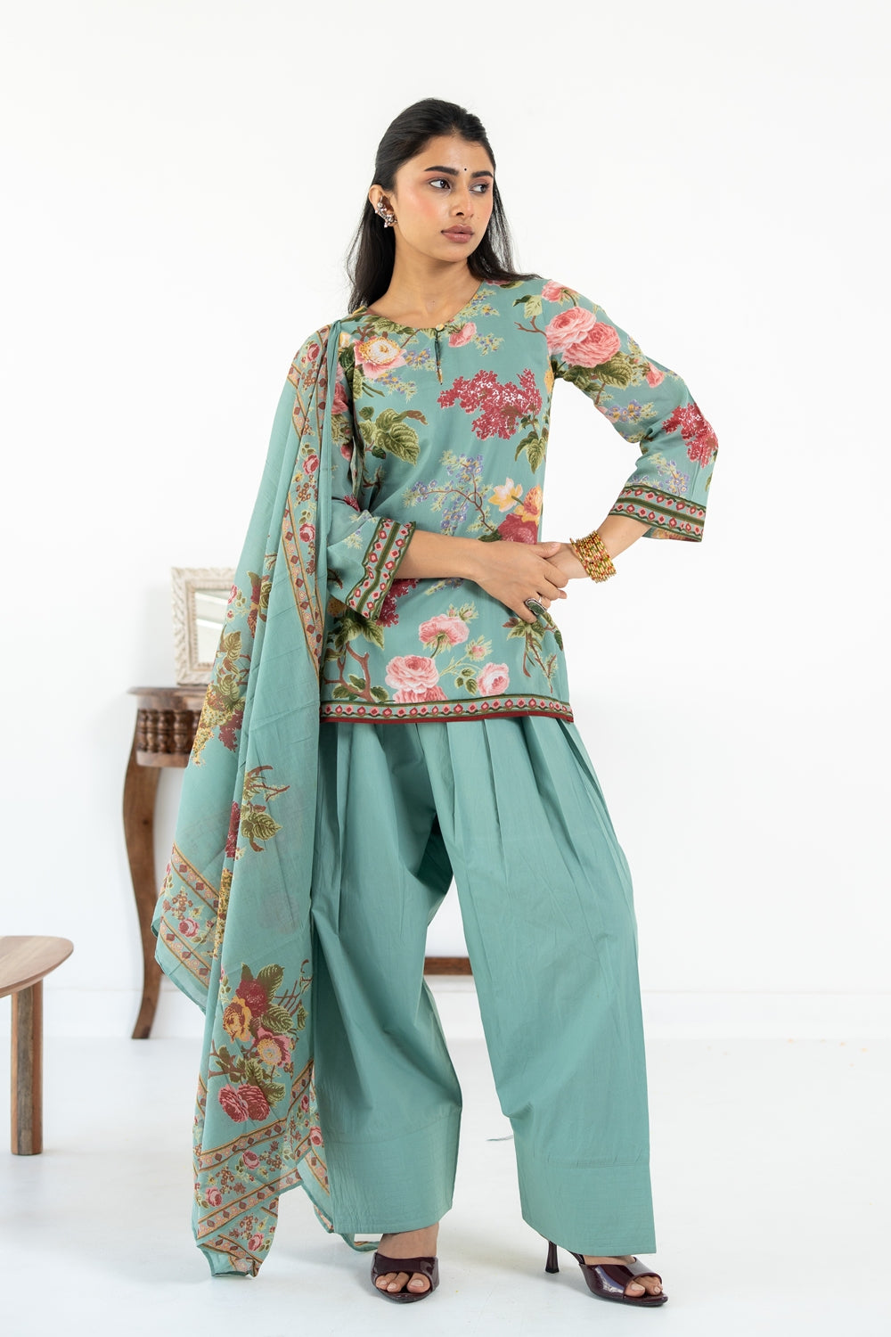 SAGE GREEN NEHER KURTA WITH FARSI SALWAR SET OF 3