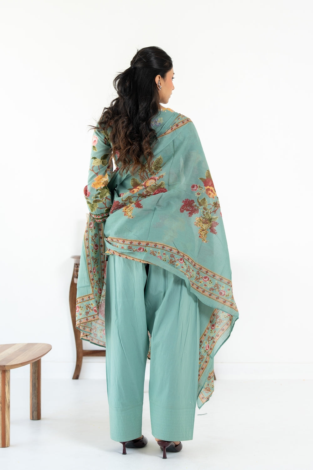 SAGE GREEN NEHER KURTA WITH FARSI SALWAR SET OF 3