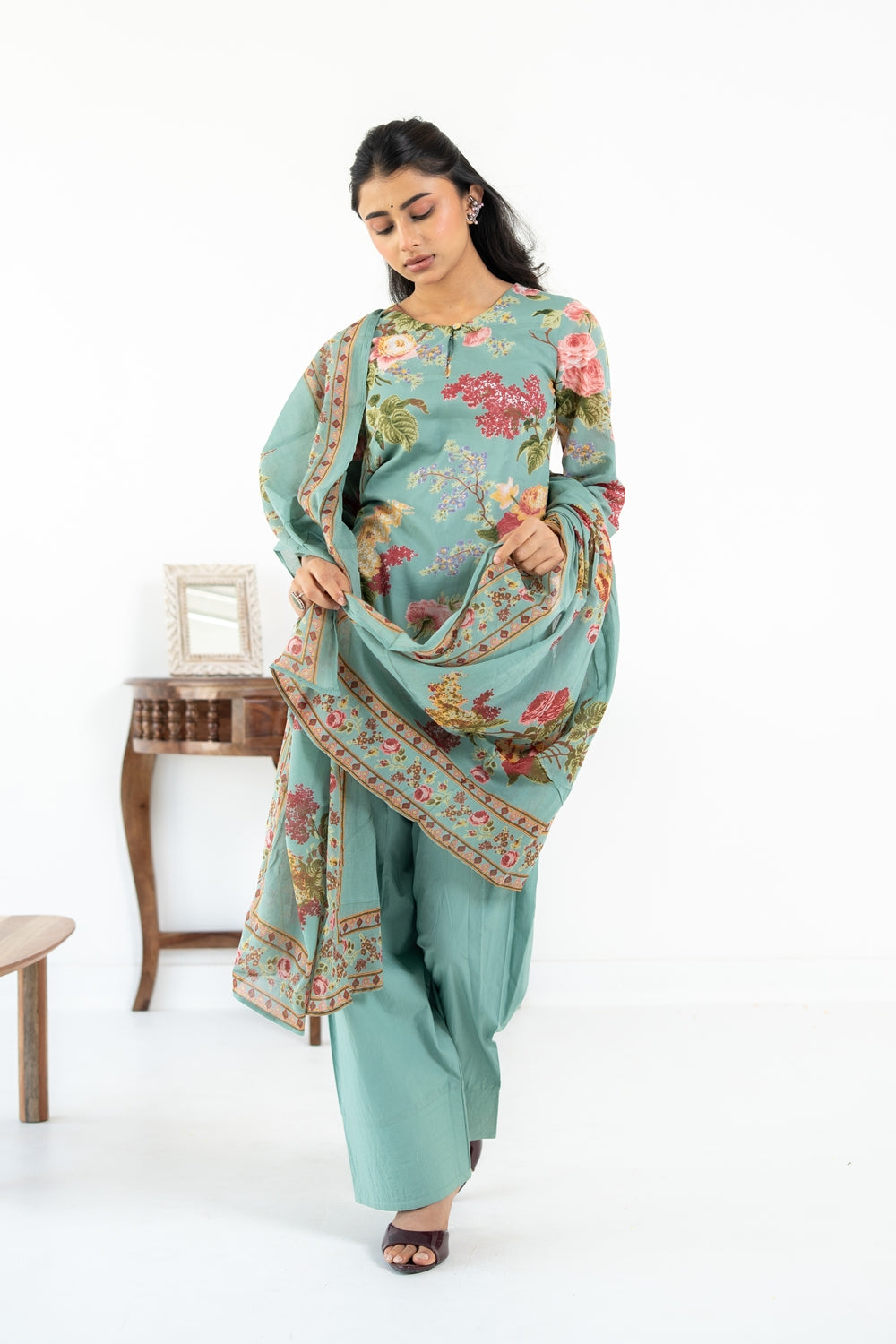 SAGE GREEN NEHER KURTA WITH FARSI SALWAR SET OF 3