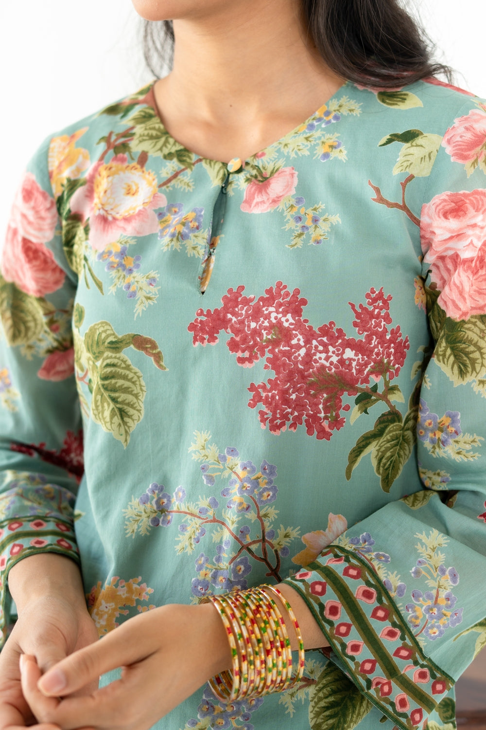 SAGE GREEN NEHER KURTA WITH FARSI SALWAR SET OF 3