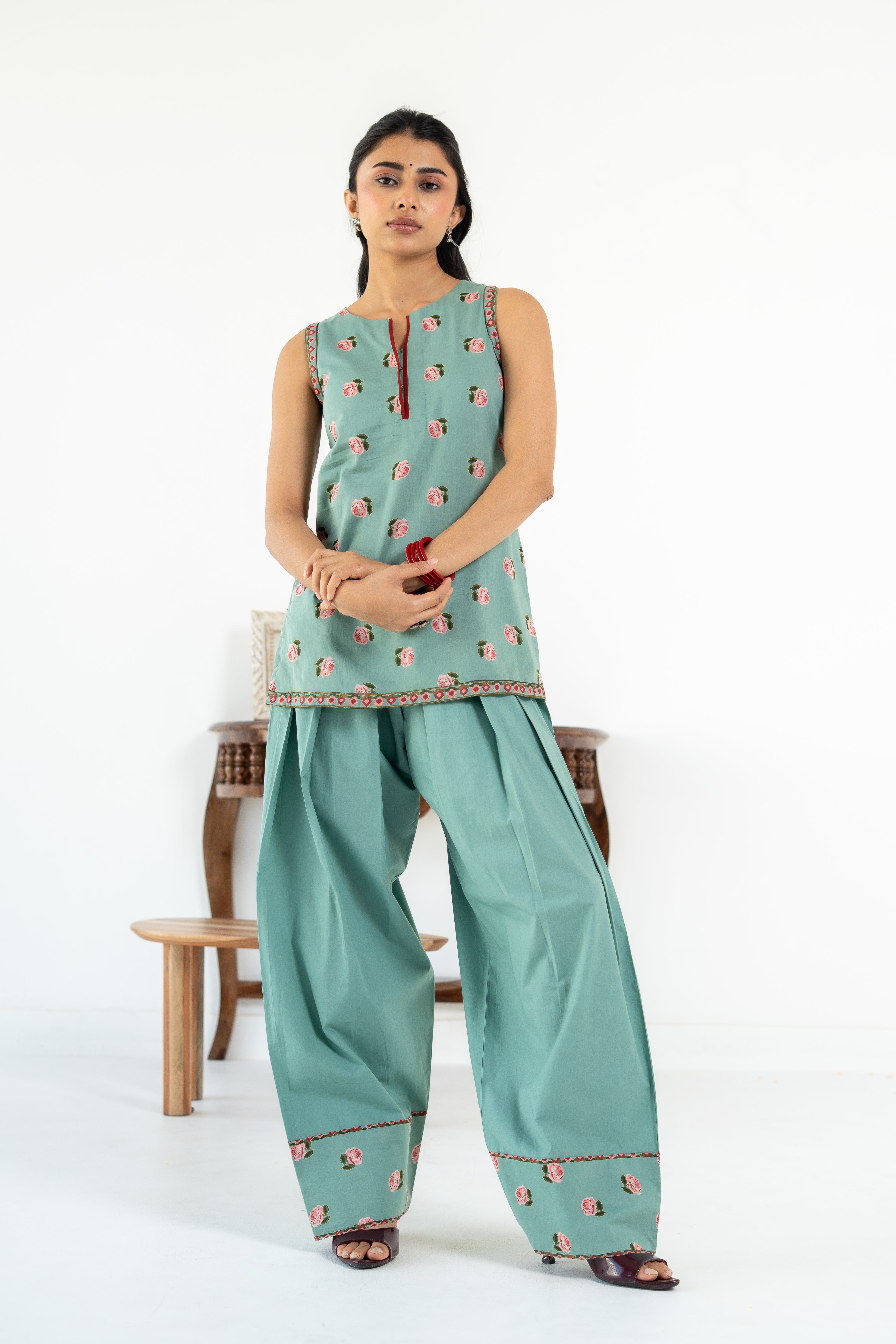 SAGE GREEN ROOH KURTA WITH FARSI SALWAR SET OF 3